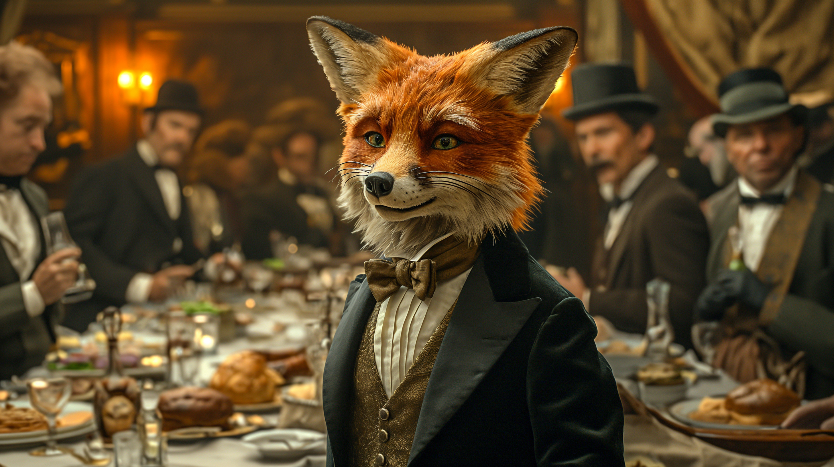 General 2912x1632 AI art digital art fox victorian clothes table whiskers depth of field looking at viewer fur top hat bow tie men plates diner food closed mouth