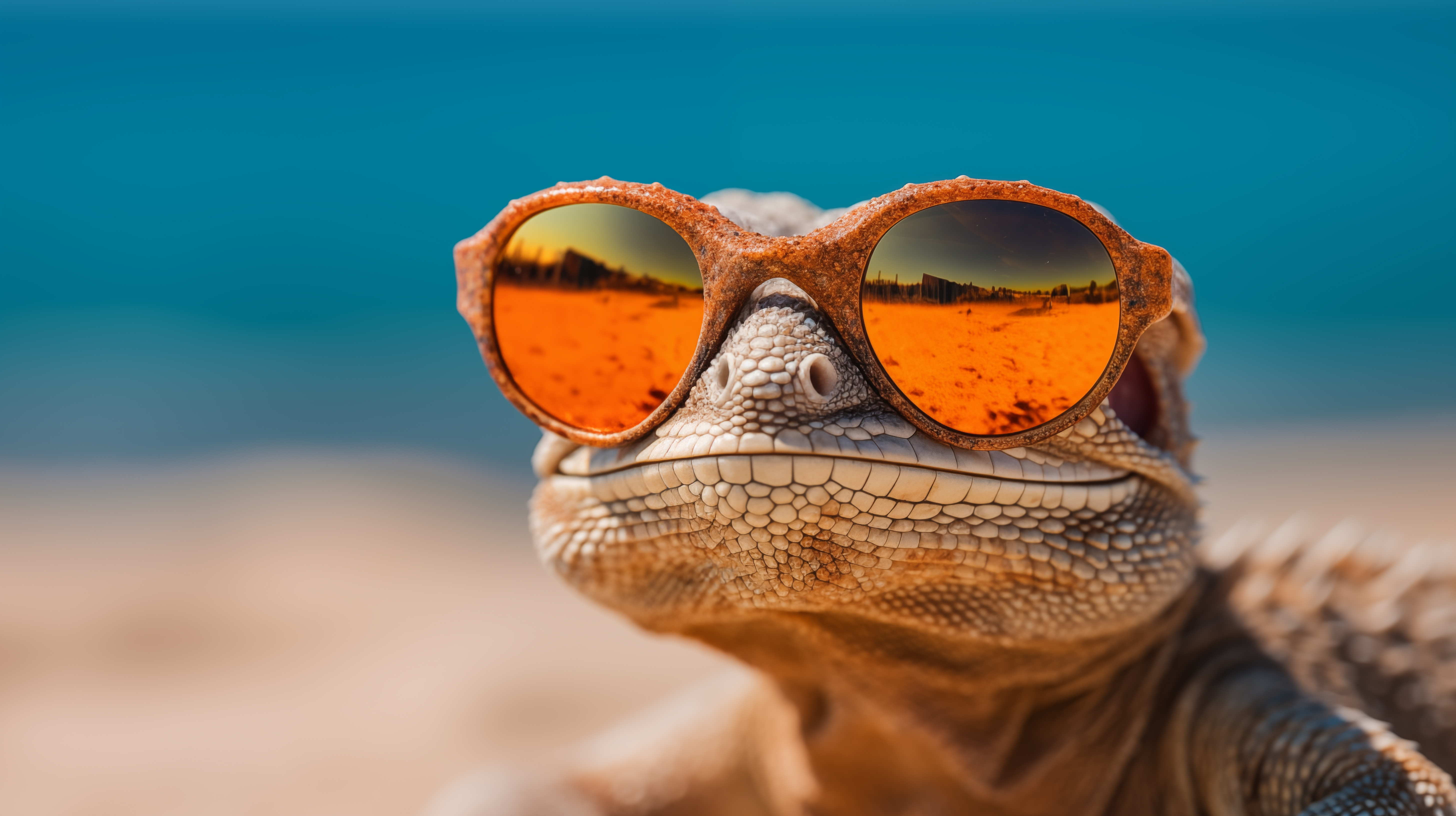 General 5824x3264 AI art lizards beach sunglasses digital art closeup depth of field reflection animals sunlight