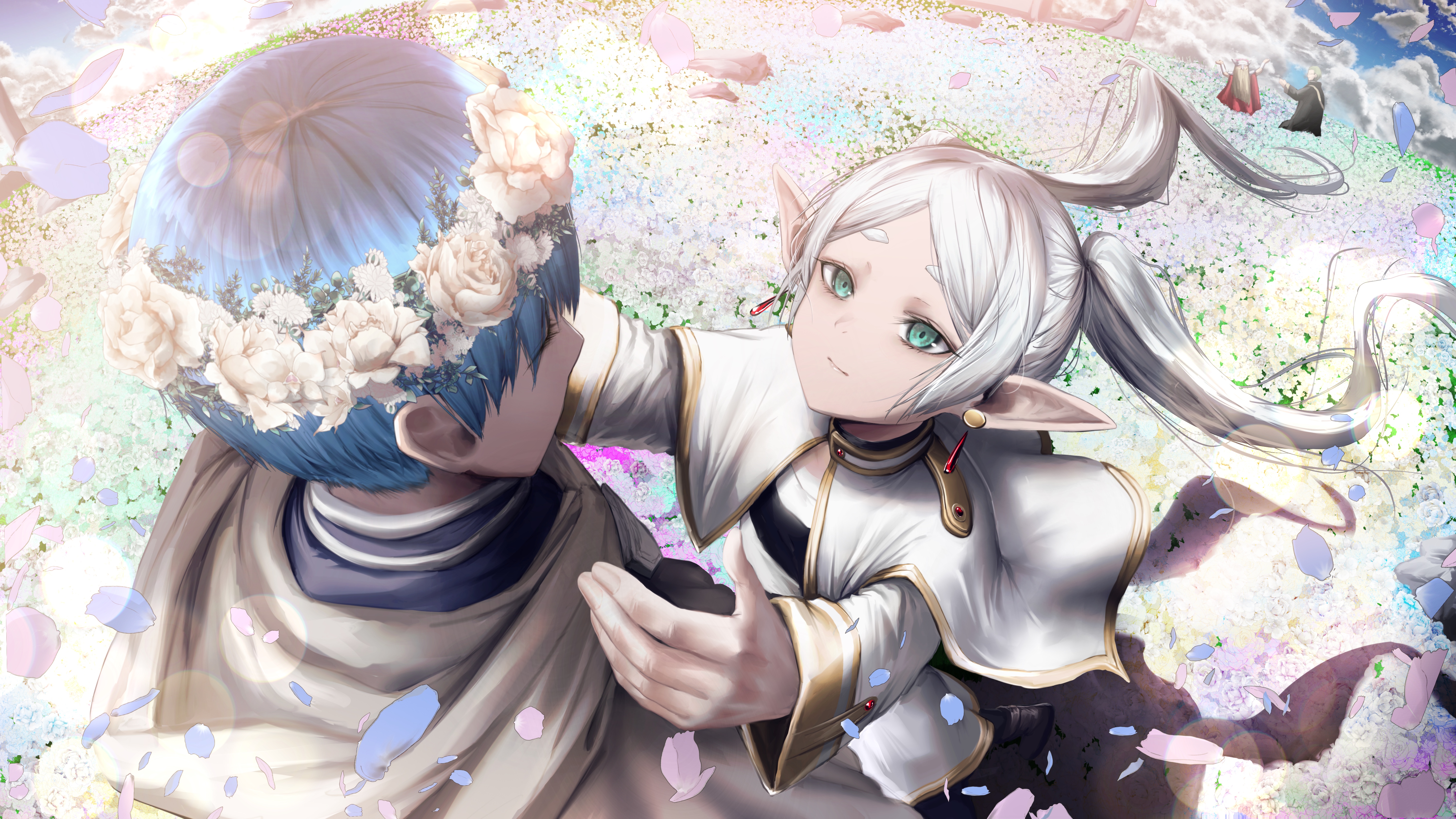 Anime 6000x3375 Sousou No Frieren anime Himmel (Sousou no Frieren) pointy ears flower crown white hair anime girls closed mouth twintails long hair sunlight earring short hair anime boys flowers petals clouds wind blue hair green eyes field