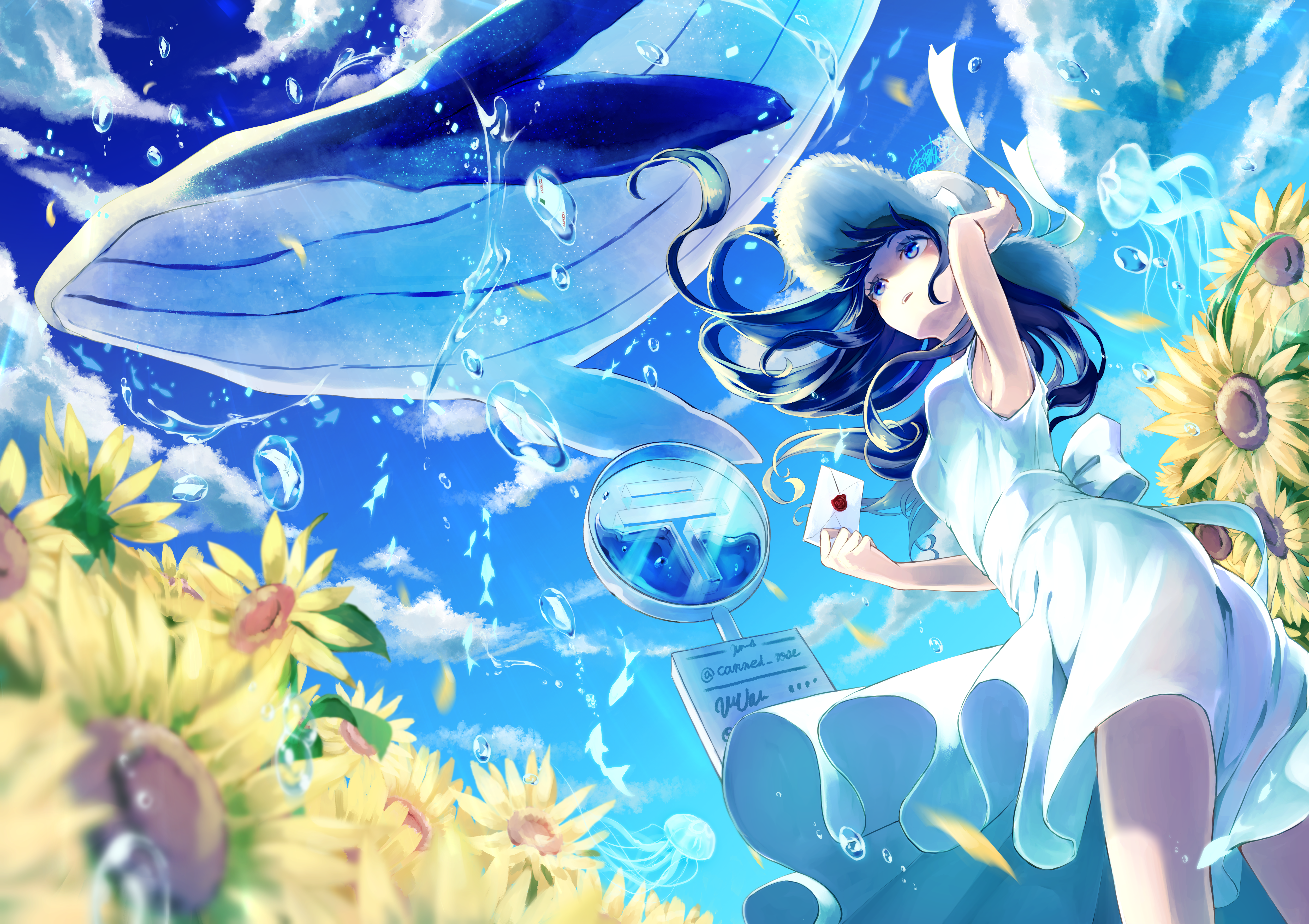 Anime 5016x3541 anime girls anime looking up whale flying whales clouds sky wind dress sunflowers long hair letter water drops animals standing leaves petals hat sun hats blue eyes hair blowing in the wind sign canned rose