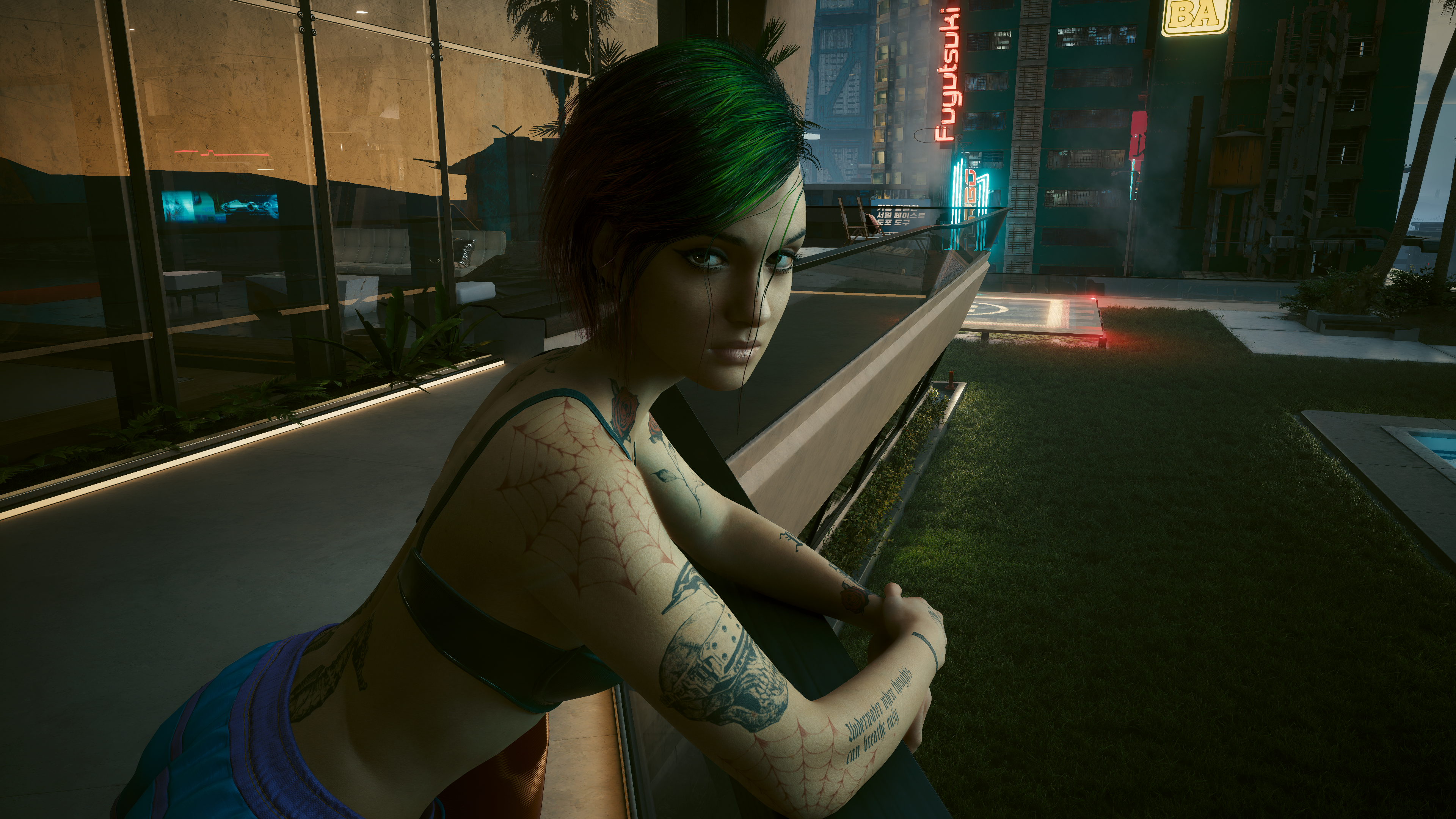 General 3840x2160 Cyberpunk 2077 screen shot Judy Alvarez tattoo video game art video game characters CGI looking at viewer short hair building night city closed mouth hair in face video game girls leaning neon digital art