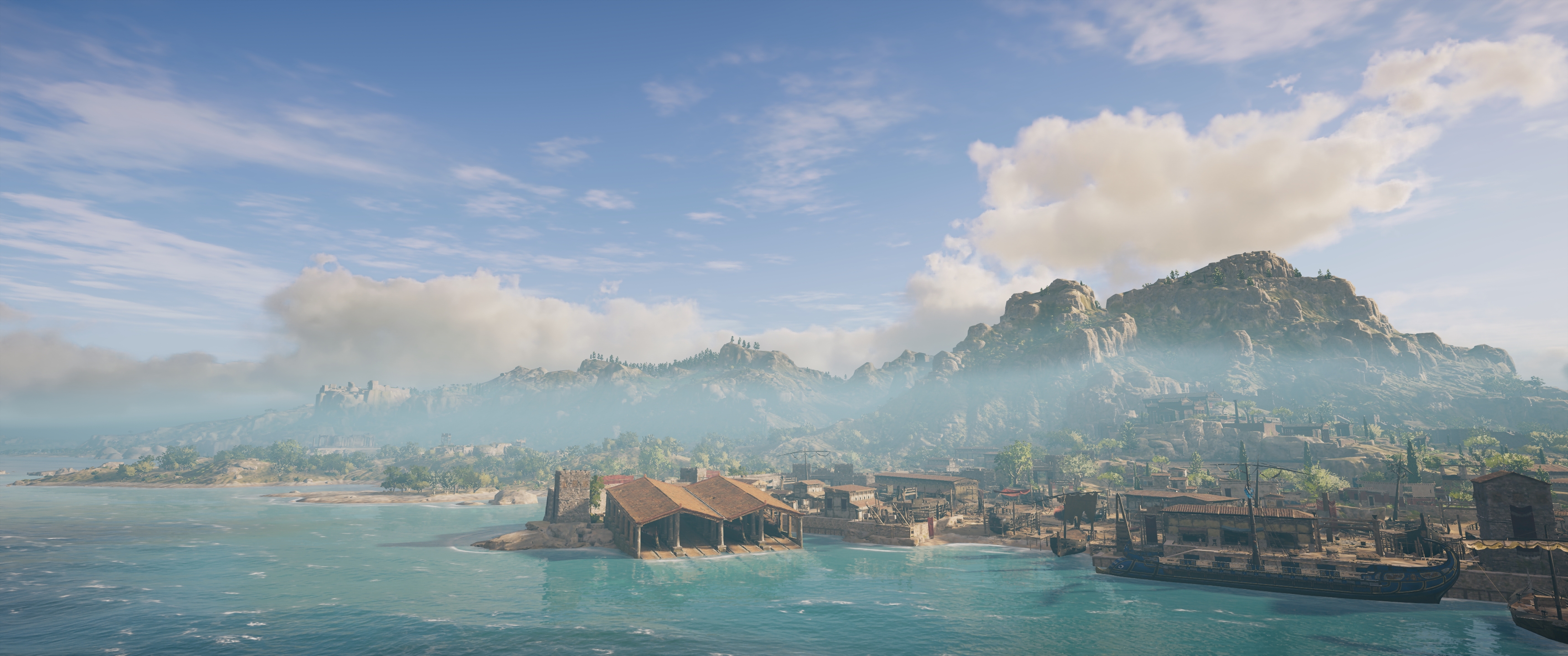 General 3440x1440 Assassins Creed: Odyssey Greece video games Assassin's Creed Ubisoft video game art screen shot village sky water clouds boat CGI sunlight trees