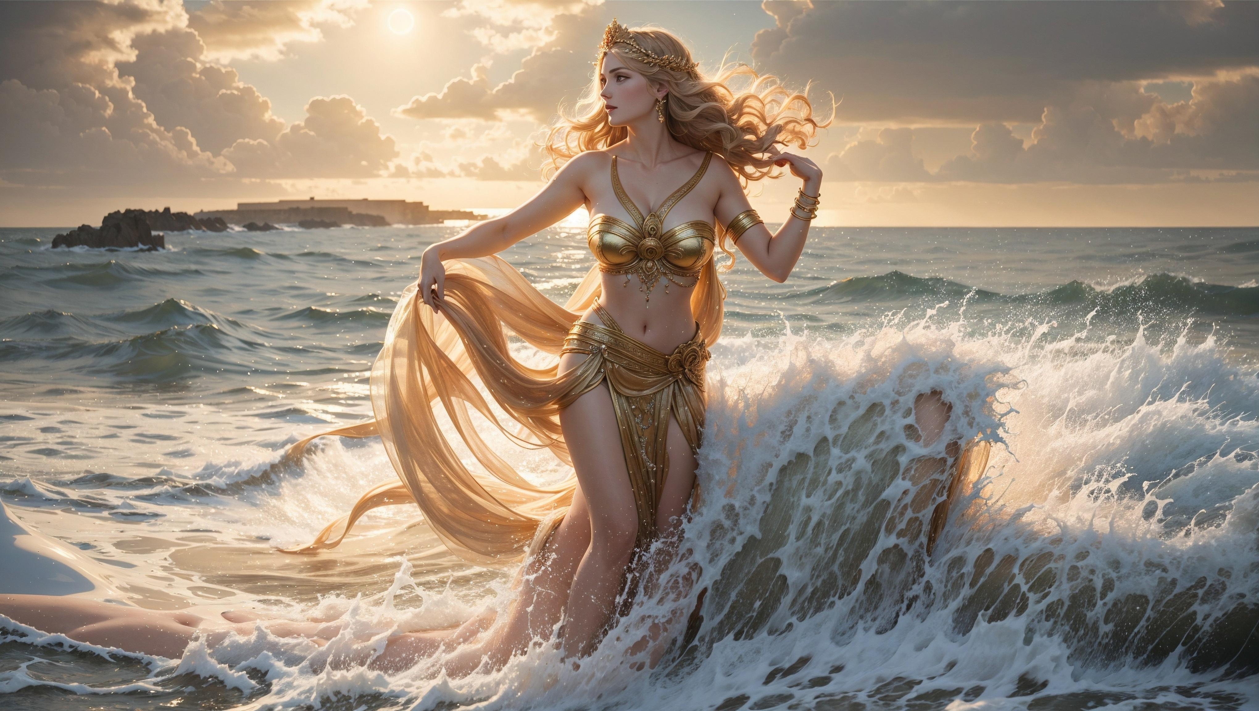 General 4080x2304 AI art digital art women Aphrodite Greek mythology waves sea water sea foam sunlight clouds sky looking away long hair outdoors women outdoors belly button collarbone
