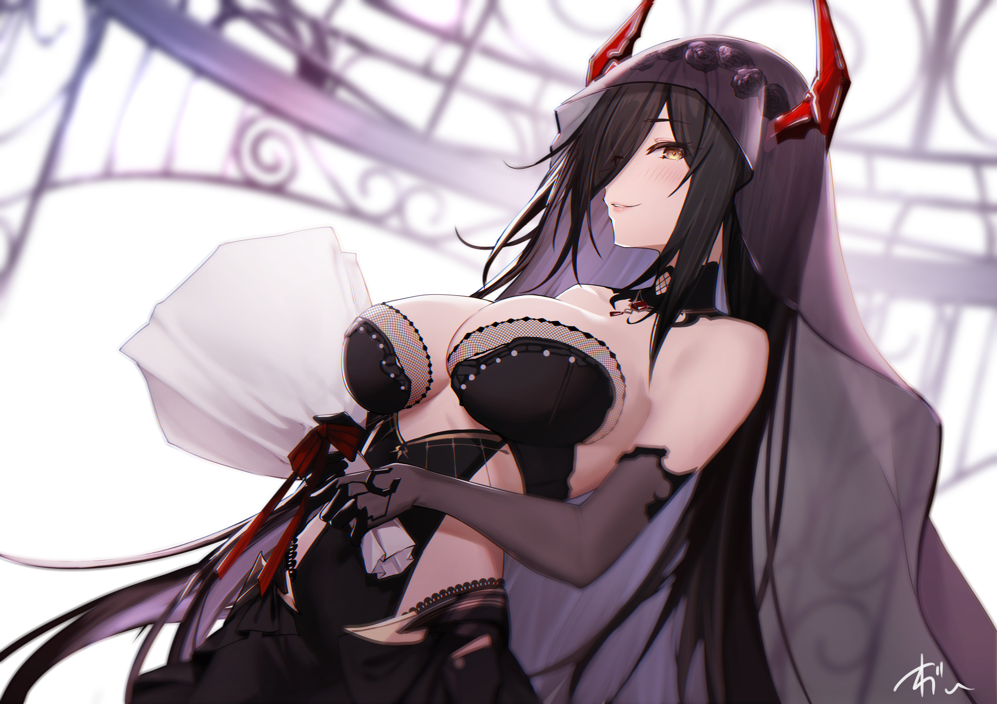 Anime 2047x1447 anime anime girls Friedrich der Grosse horns Azur Lane olgn eao looking at viewer long hair hair over one eye gloves elbow gloves black gloves signature big boobs black hair yellow eyes blushing standing lace veils skinny flower in hair smiling parted lips backlighting