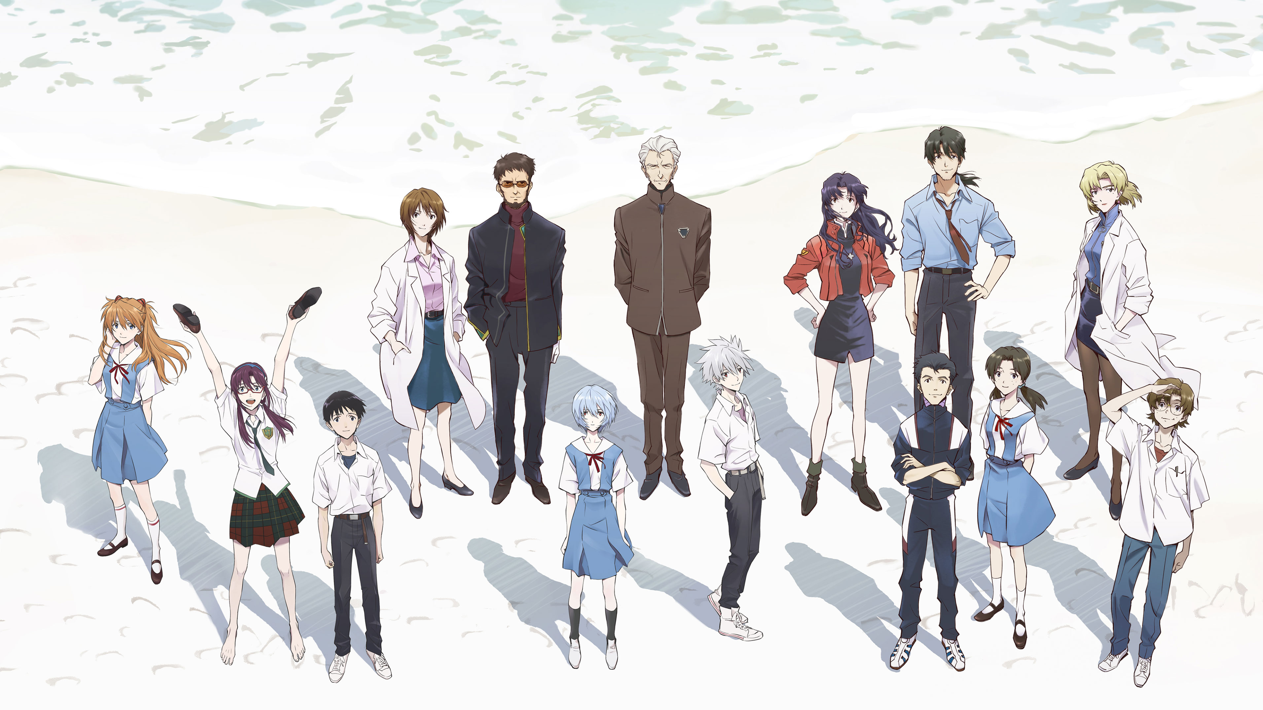 Anime 4311x2425 Neon Genesis Evangelion Evangelion: 3.0 + 1.0 Thrice Upon a Time anime boys standing looking at viewer jacket lab coats anime girls schoolgirl school uniform schoolboys smiling closed mouth glasses open mouth long hair sand waves water