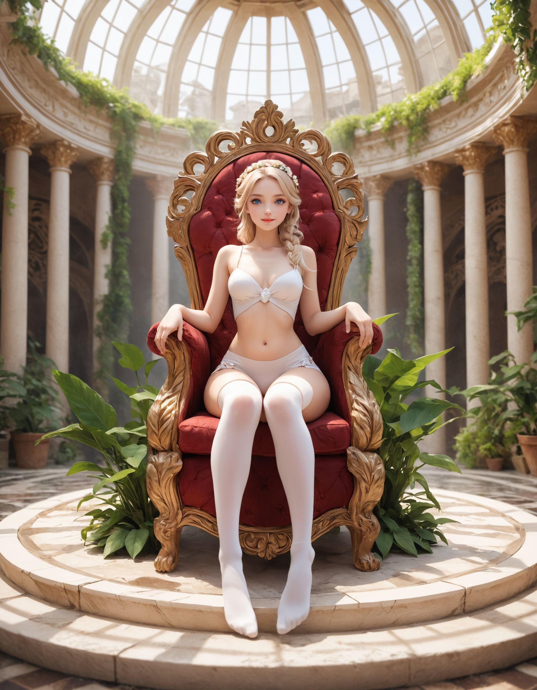 General 1792x2304 AI art blonde white tights women lingerie throne young women princess portrait display sitting looking at viewer sunlight indoors women indoors closed mouth flower crown digital art long hair braids chair leaves pillar flower in hair plants blue eyes smiling