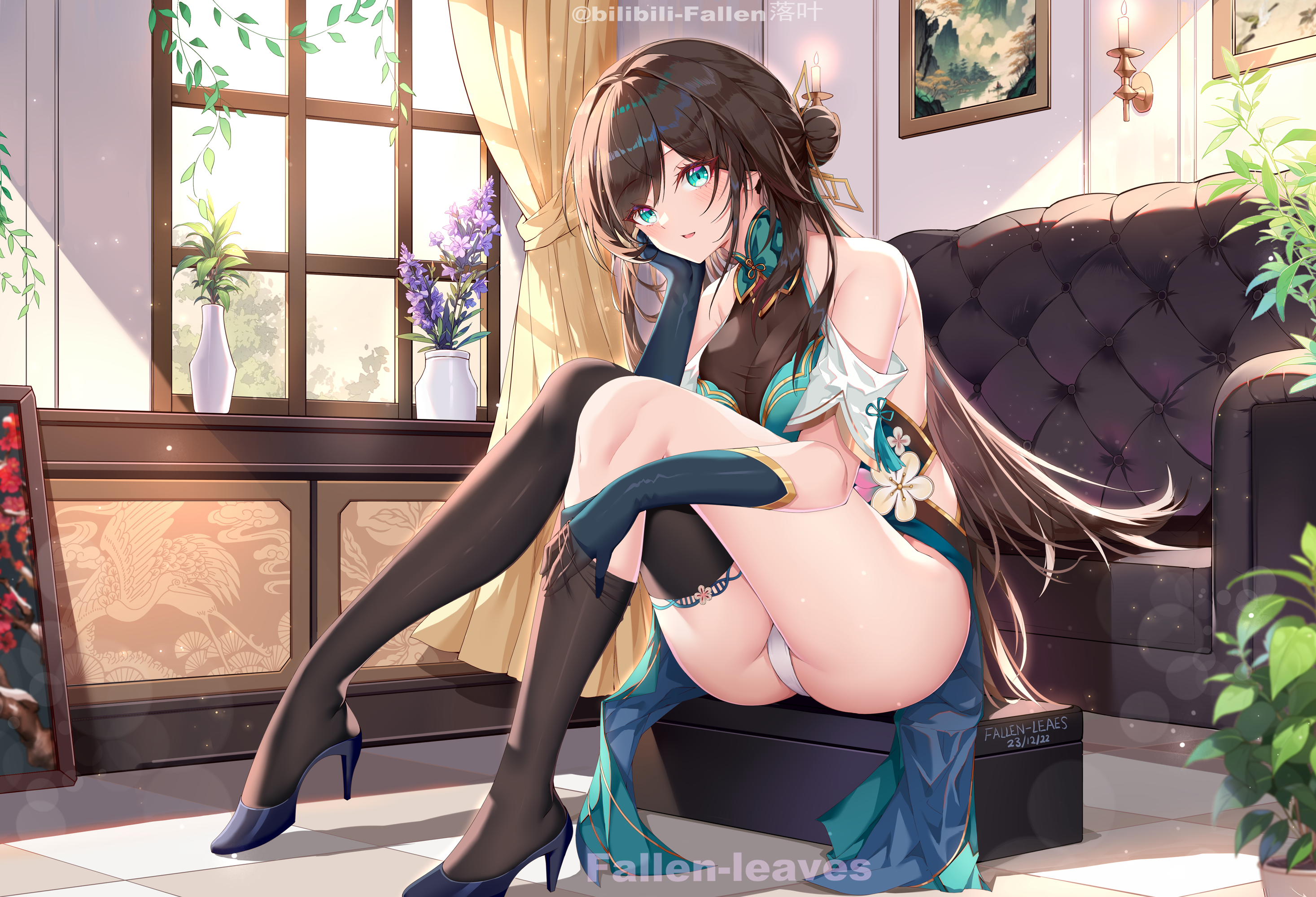 Anime 2933x2000 anime anime girls Ruan Mei (Honkai: Star Rail) Honkai: Star Rail sitting looking at viewer heels high heels window indoors women indoors long hair resting head head tilt watermarked Fallen-Leaves leaves couch plants legs bare shoulders gloves open mouth brunette blue eyes hairbun candles pointed toes mismatched stockings ass thighs sunlight blushing