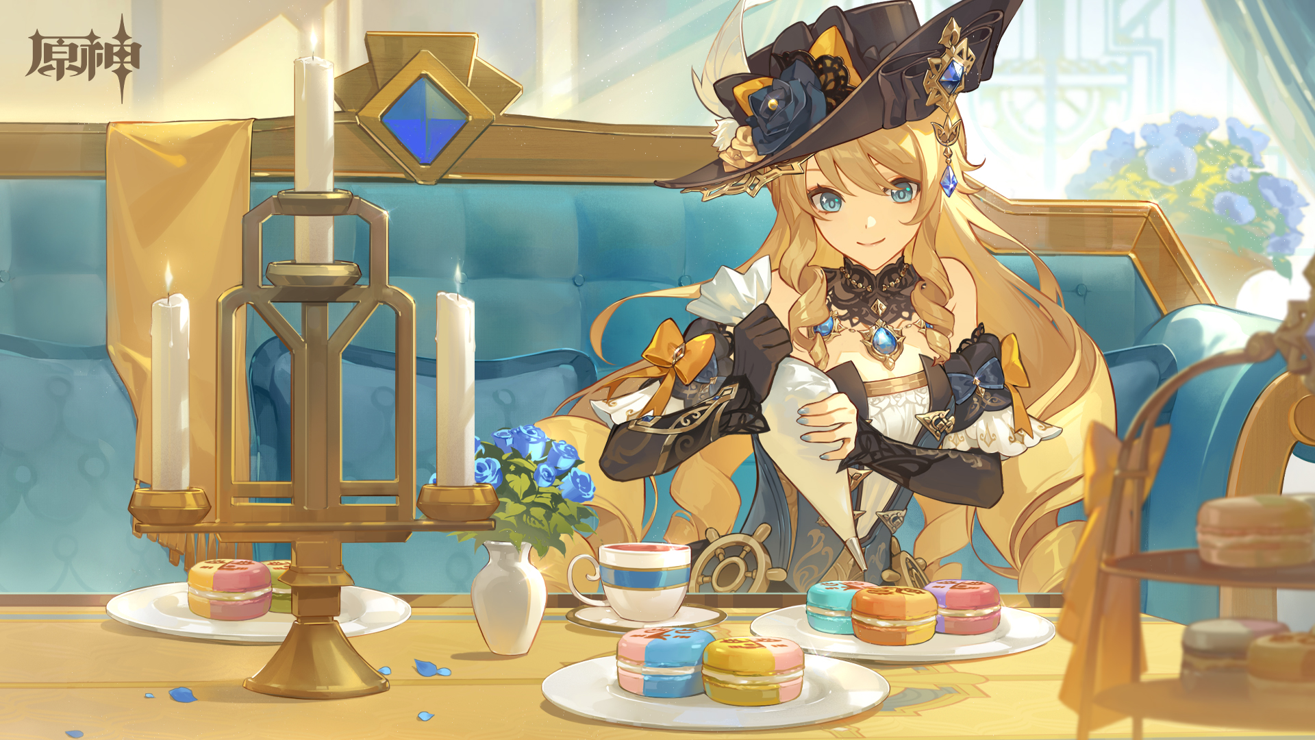 Anime 1920x1080 blonde blue eyes Navia (Genshin Impact) on sofa Genshin Impact anime girls long hair closed mouth sweets bare shoulders hat gemstones candles pastries pastry bag smiling elbow gloves detached sleeves blue nails painted nails sitting plates cup drink petals sunlight flowers