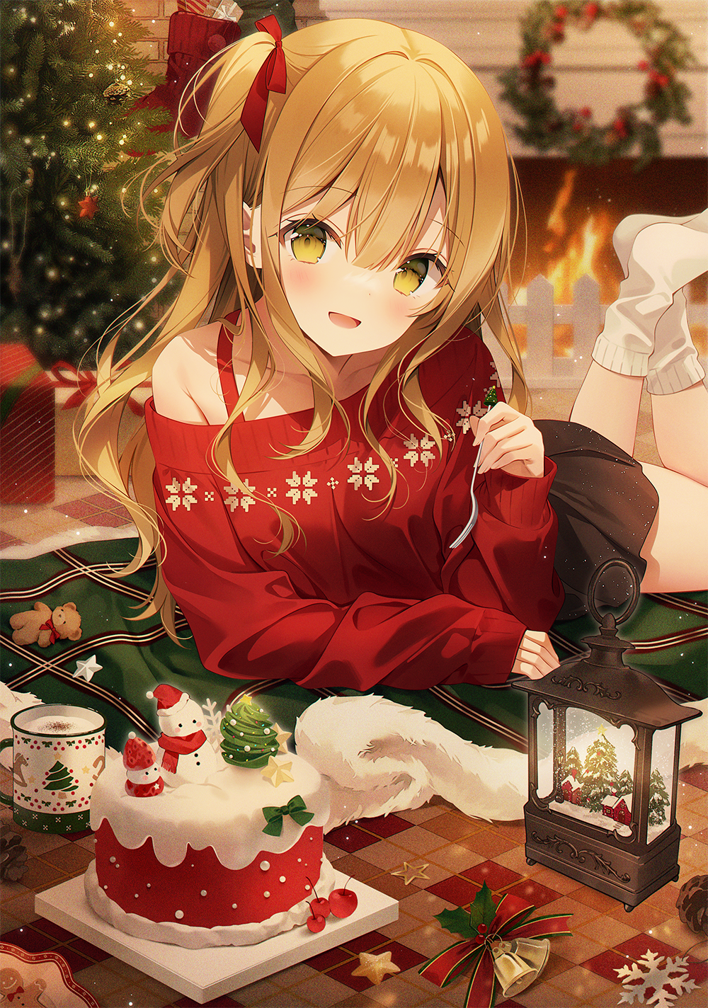 Anime 1000x1424 anime anime girls Weri Christmas cake portrait display looking at viewer blushing lying down lying on front off shoulder bare shoulders collarbone feet in the air Christmas tree fire fireplace open mouth hair between eyes long hair sweets floor bells hair ribbon on the floor Christmas presents drink cup Gingerbread Man blonde green eyes white socks pattern eggnog ponytail fork socks scarf snowman cherries fruit gingerbread