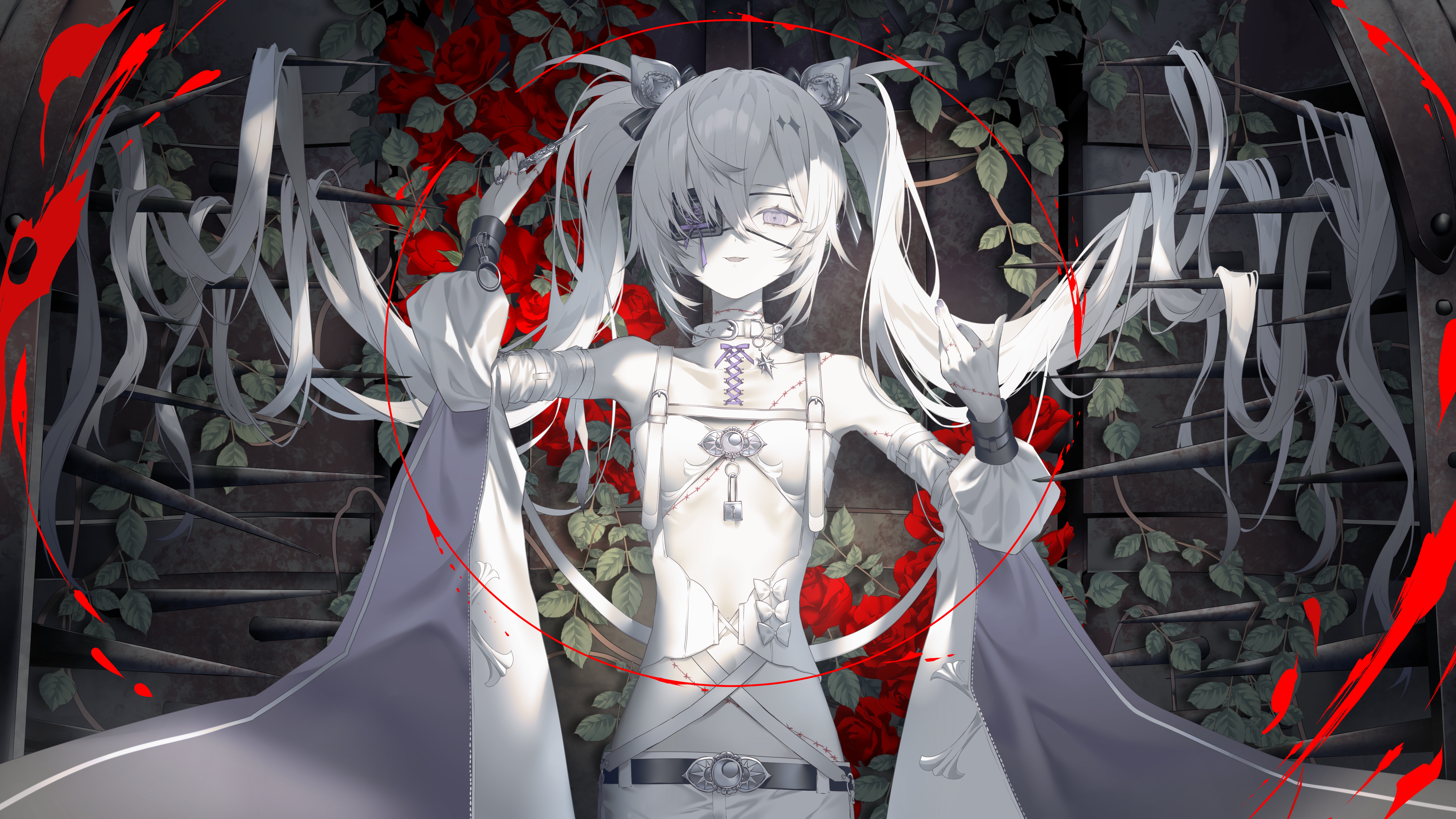 Anime 5333x3000 anime anime girls ribbon clothing twintails Kot_Rou020 long hair eyepatches parted lips original characters leaves bare shoulders collarbone spikes looking at viewer skinny slim body choker