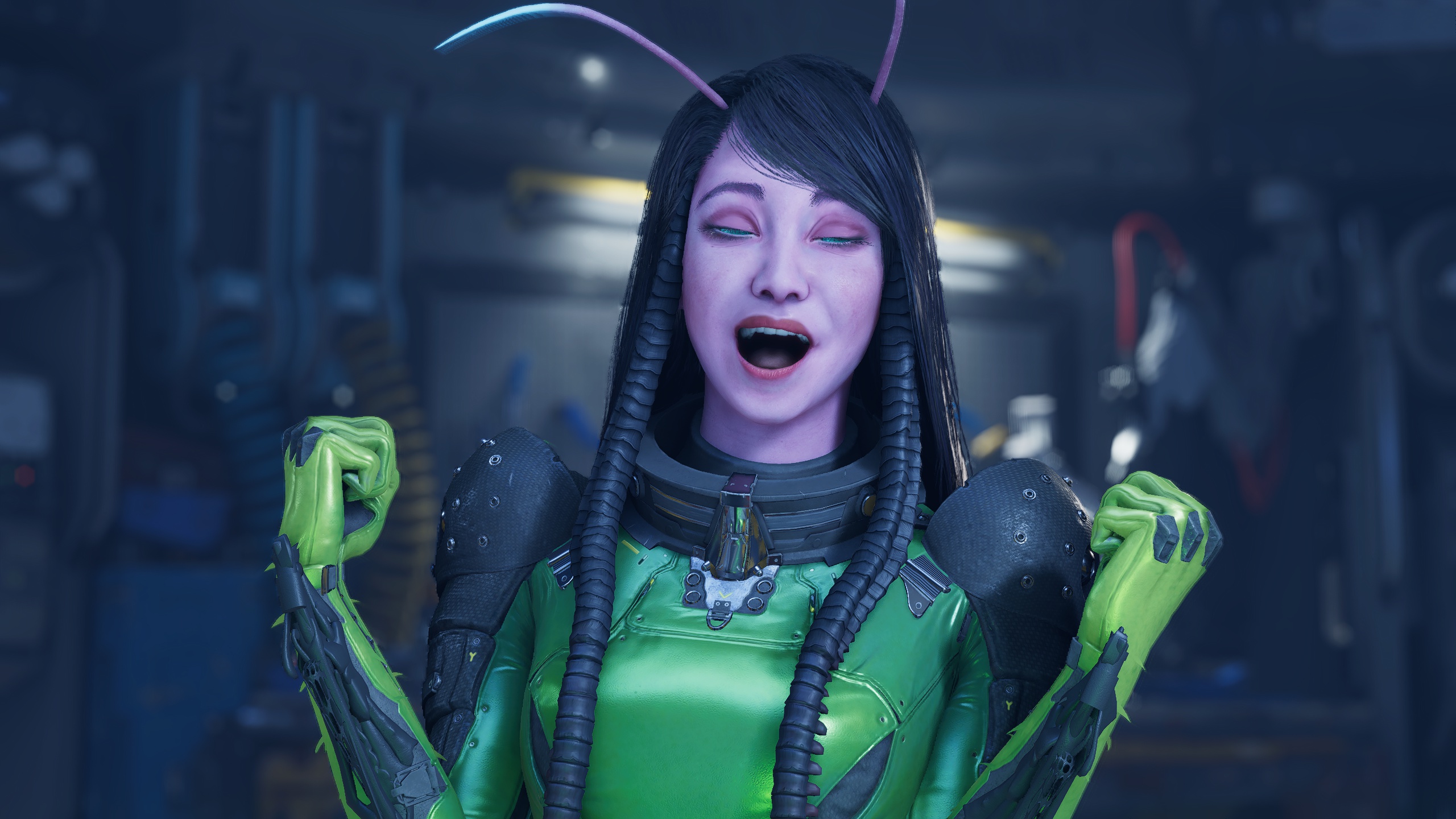 General 2560x1440 Guardians of the Galaxy (Game) Guardians of the Galaxy Mantis (Marvel) digital art video game characters CGI video game girls long hair video game art screen shot open mouth video games blurred blurry background teeth antenna