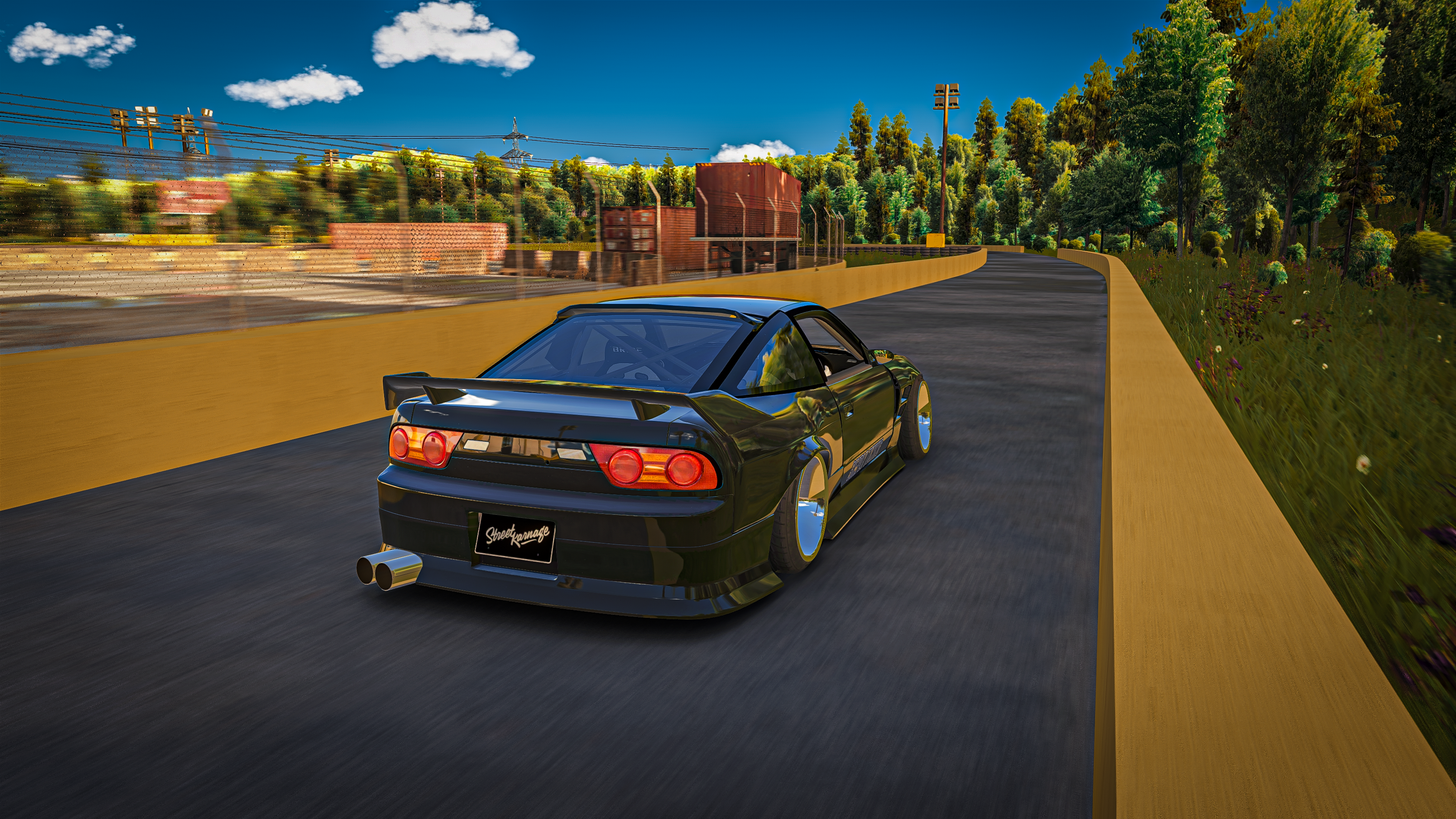 General 3840x2160 Nissan Nissan 180SX drift Assetto Corsa drift cars jungle sky CGI video games reflection vehicle car driving clouds rear view licence plates video game art screen shot motion blur trees fence exhaust pipes taillights blurred