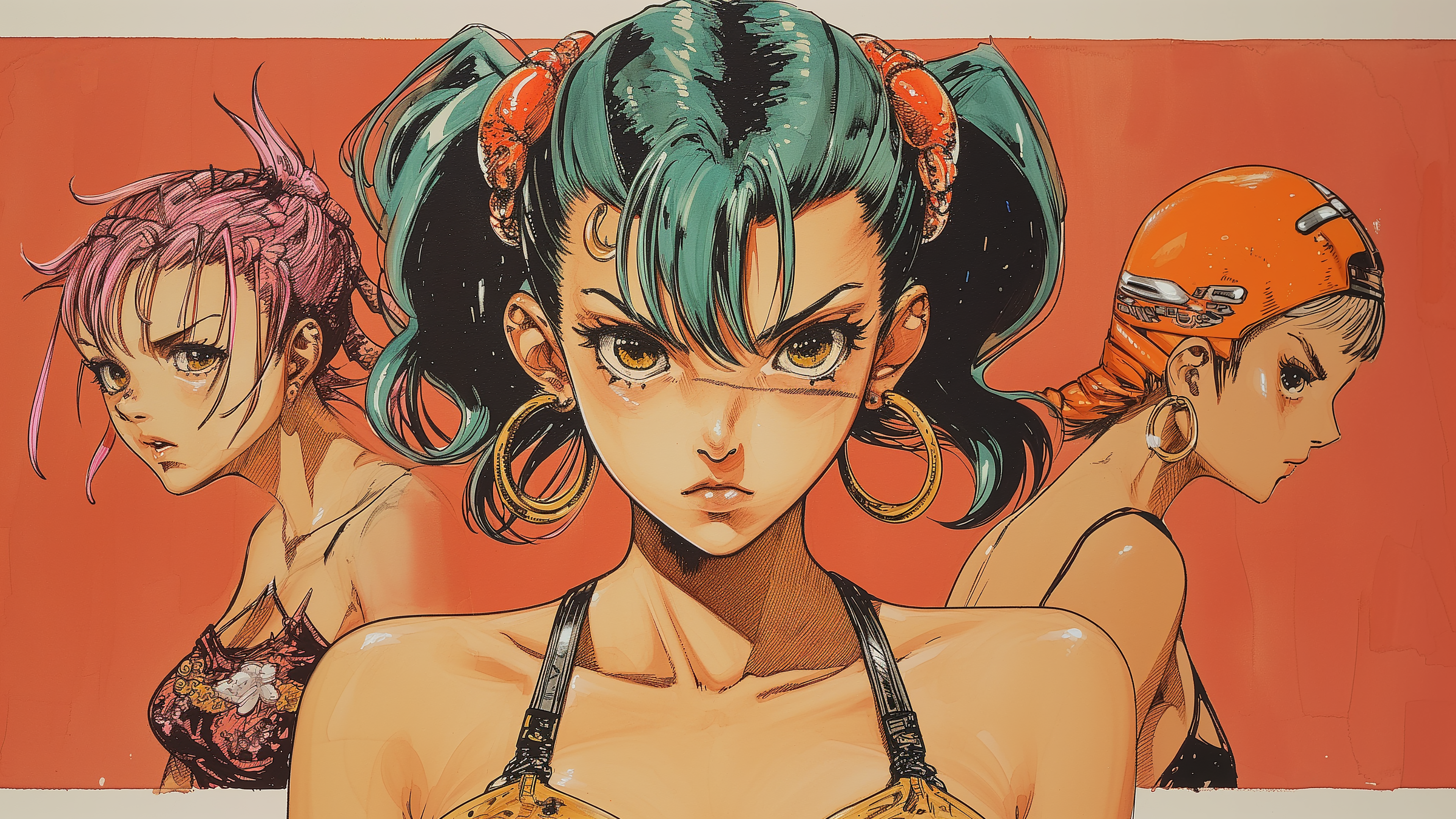 General 3840x2160 looking back dyed hair women angry Female band AI art women trio crop top group of women earring looking at viewer twintails simple background face collarbone closed mouth frown bare shoulders hoop earrings short hair Midjourney