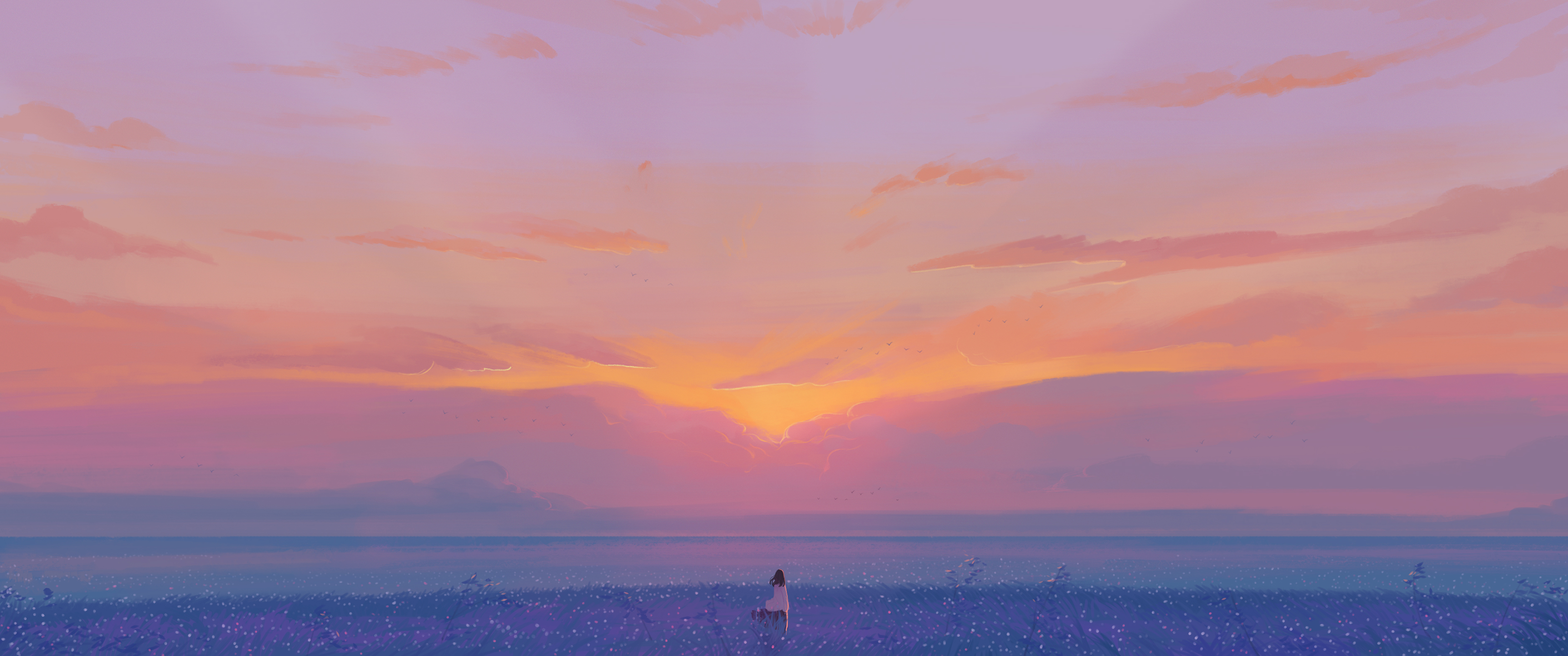 Anime 3440x1440 landscape clouds sky standing field sunset sunset glow anime girls looking away looking into the distance anime skirt wind leaves women outdoors outdoors