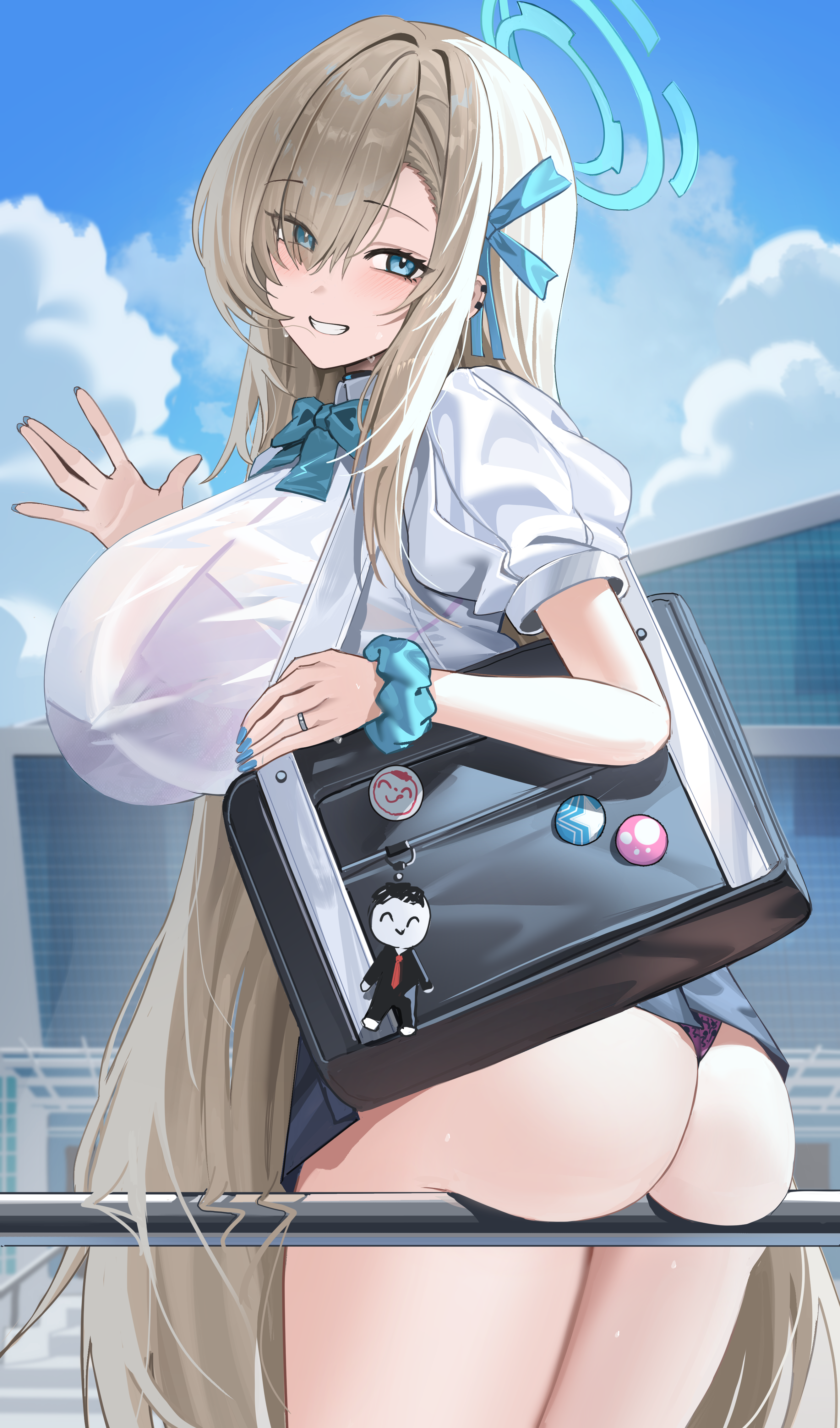 Anime 2674x4542 anime anime girls Asuna Ichinose Jeze Blue Archive rear view looking at viewer clouds schoolgirl school uniform blue nails painted nails schoolbags sunlight Sensei (Blue Archive) long hair blonde hair over one eye ass blue eyes short sleeves huge breasts blue bow bow rings building hair ribbon blue ribbons waving women outdoors outdoors smiling sky wet body wet