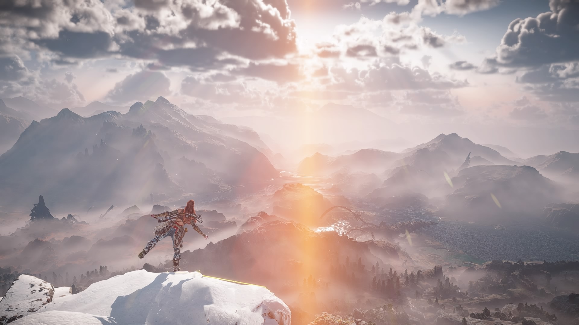 General 1920x1080 Horizon Forbidden West video games screen shot guerrilla games snow video game characters CGI Aloy PlayStation 4 sunlight mountains landscape clouds sky video game girls