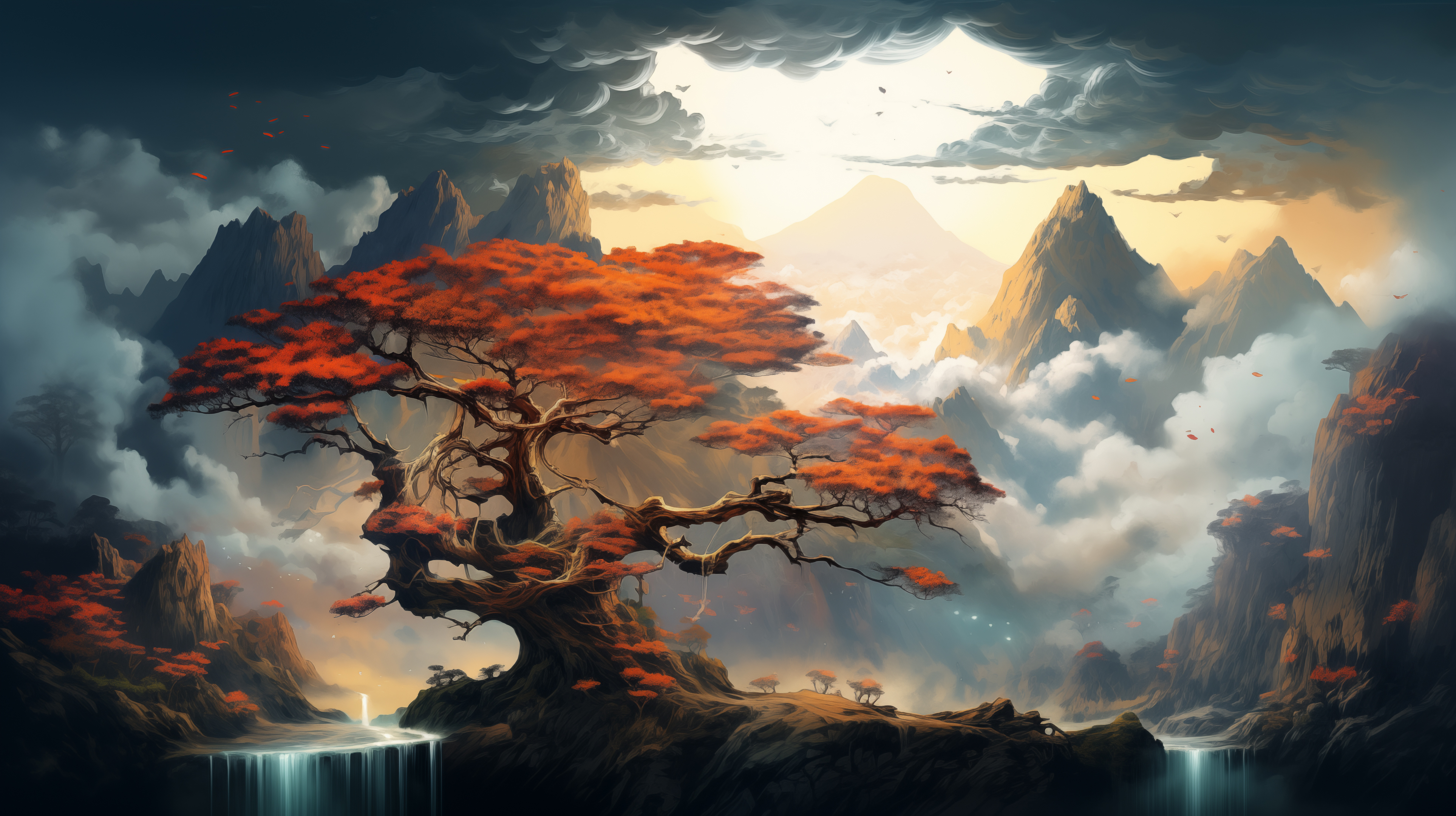 General 3854x2160 AI art digital art landscape digital painting trees river sky mountains clouds waterfall water nature