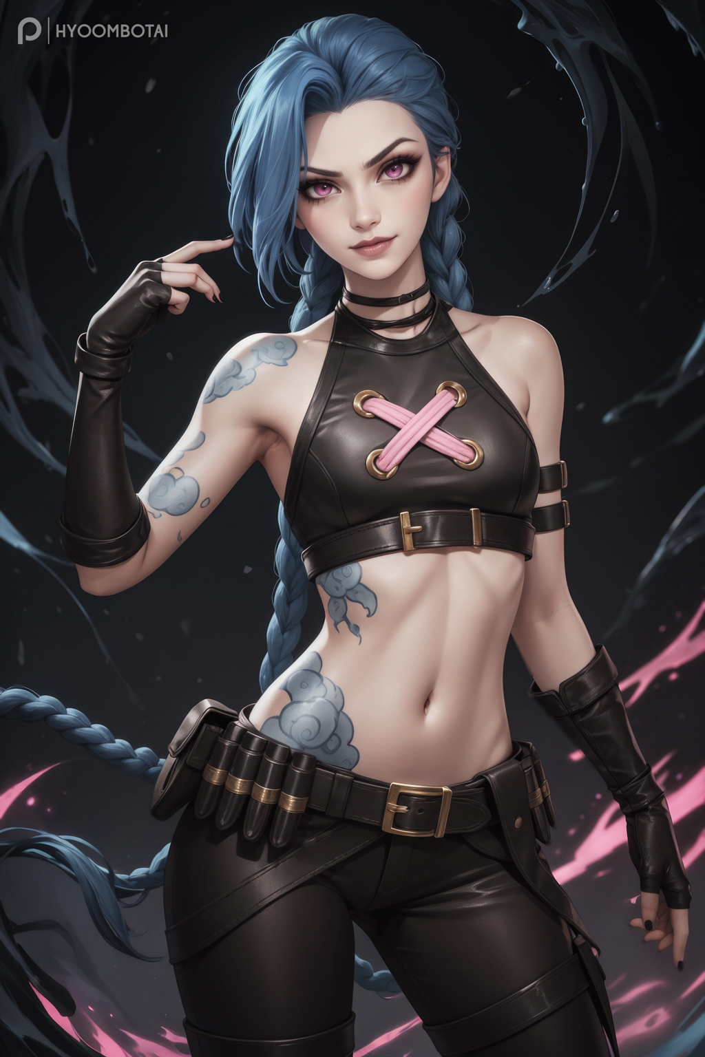 General 1024x1536 Stable Diffusion AI art Jinx (League of Legends) pink eyes black clothing women looking at viewer collarbone bare shoulders braids portrait display belly watermarked digital art closed mouth black nails painted nails HyoombotAI blue hair purple eyes tattoo twintails tank top
