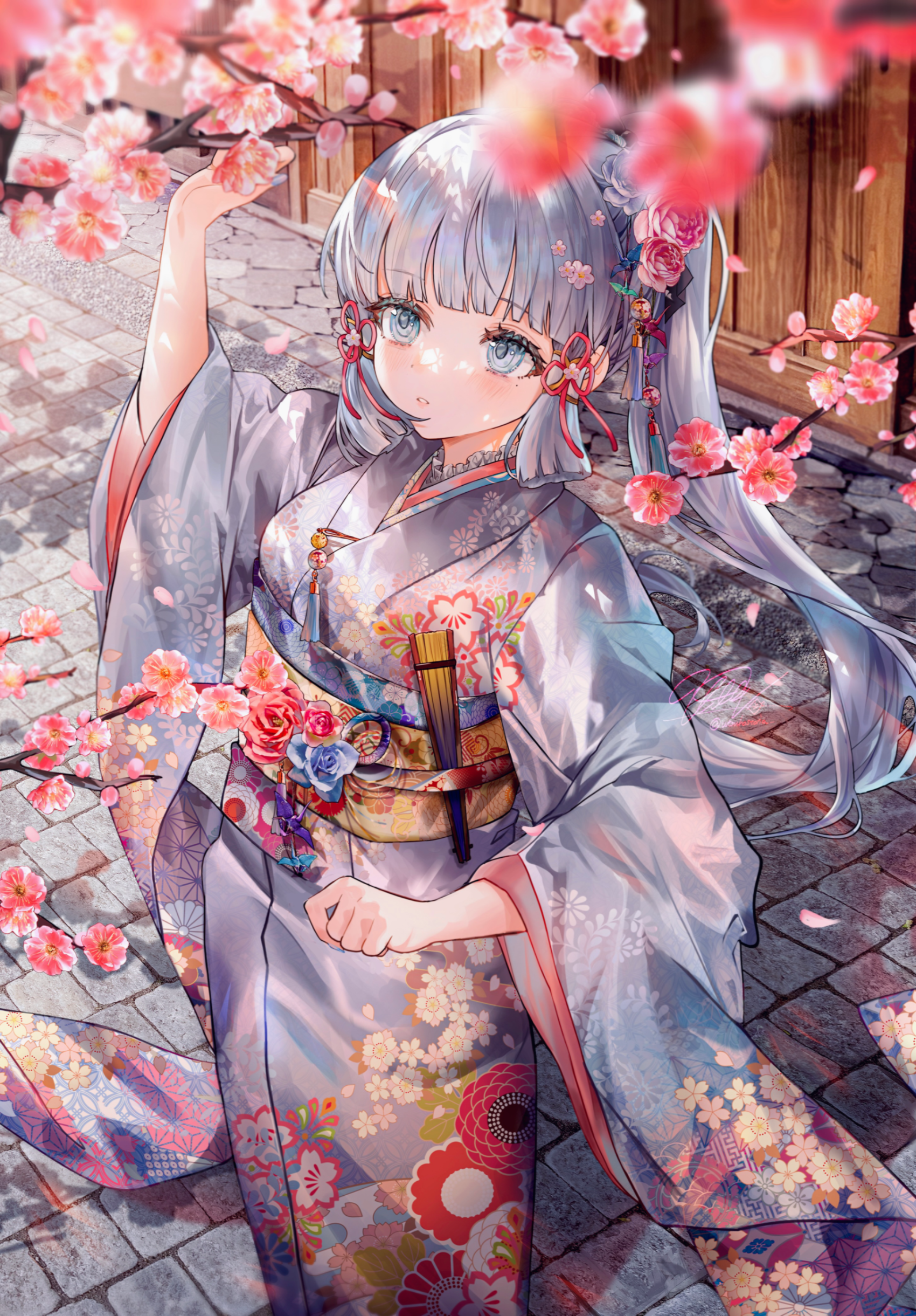 Anime 1700x2441 anime anime girls Kamisato Ayaka (Genshin Impact) kimono flowers petals cherry blossom Genshin Impact standing Utsuhostoria portrait display hair ornament long hair hair tubes flower in hair blue hair blue eyes moles mole under eye branch hand fan long sleeves wide sleeves sash wind floral painted nails blue nails looking away sunlight ponytail watermarked hair blowing in the wind signature blunt bangs