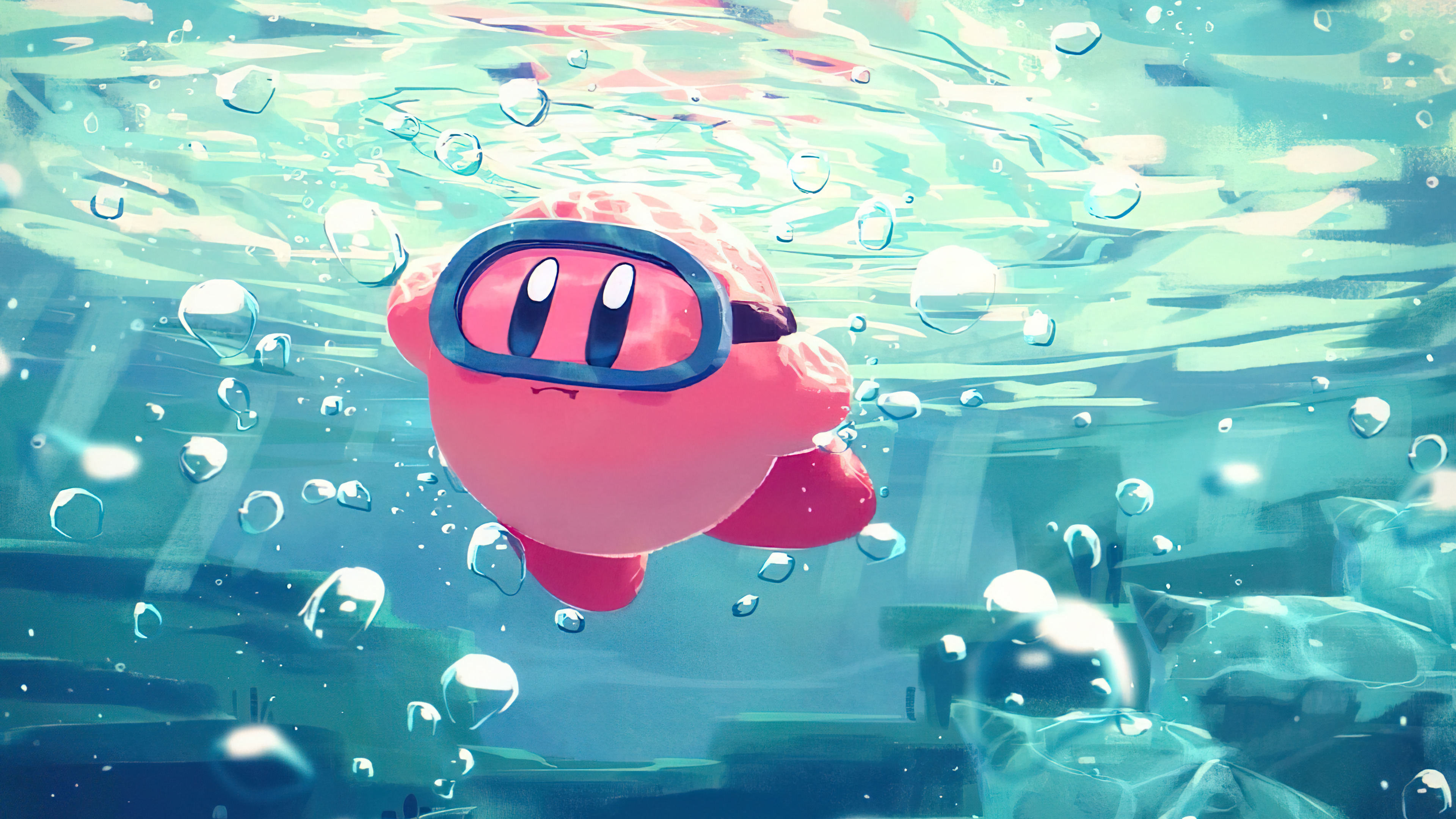 General 3840x2160 Kirby water video game characters digital art underwater diving swimming goggles swimming closed mouth sunlight in water video game art