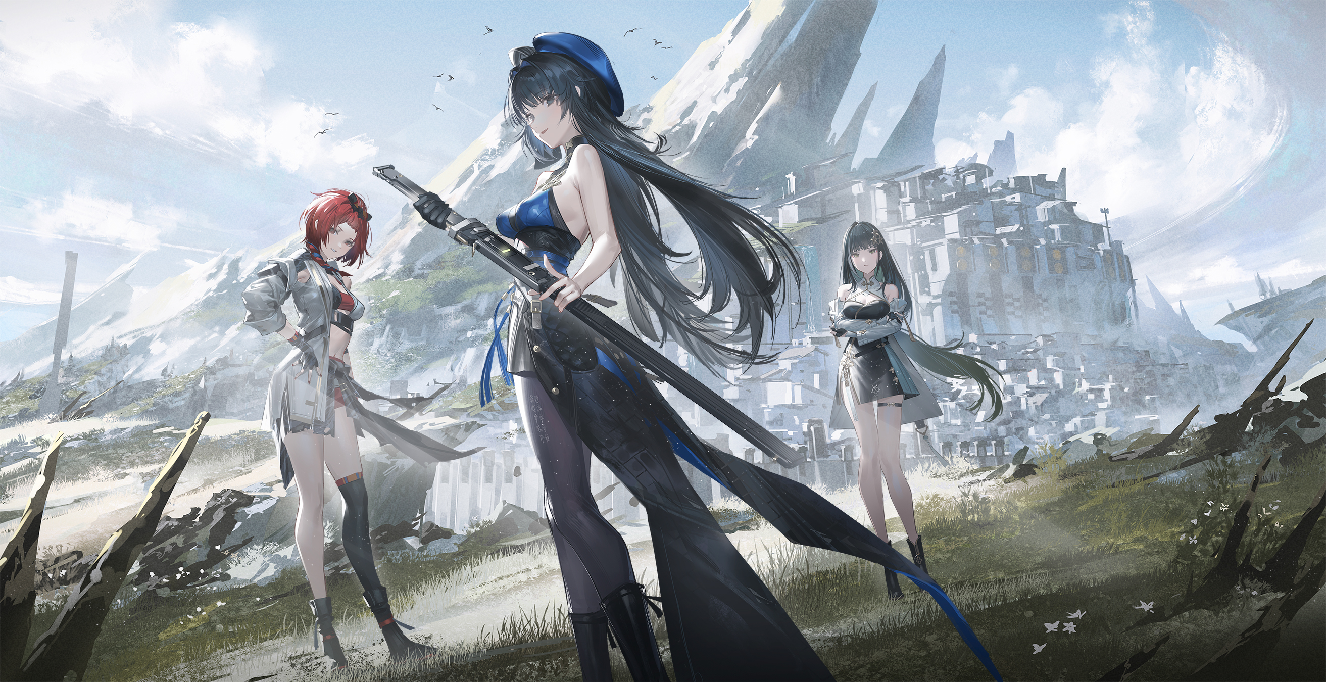 Anime 2625x1350 anime anime girls weapon Wuthering Waves Bailian (Wuthering Waves) Yangyang (Wuthering Waves) Chixia (Wuthering Waves) Reoen looking at viewer outdoors women outdoors long hair bare shoulders sword women with swords sky clouds grass parted lips standing black thigh highs berets gloves fingerless gloves