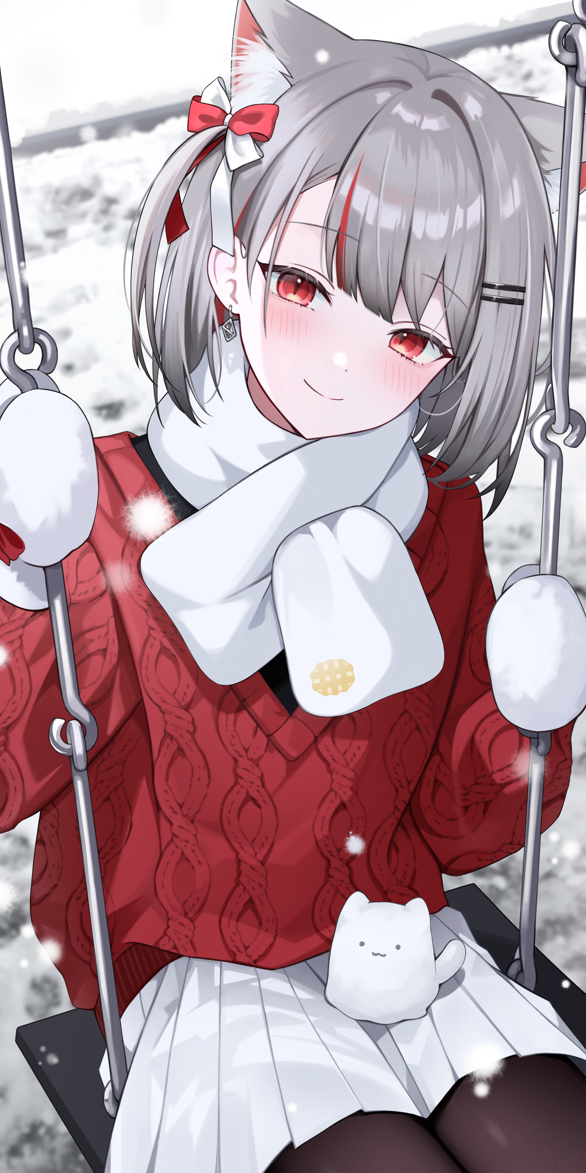 Anime 1200x2400 anime anime girls StelLive Virtual Youtuber Neneko Mashiro blushing looking at viewer smiling hair ornament short hair outdoors women outdoors cat girl skirt snow cat ears portrait display mittens red sweater sweater pantyhose frills snowflakes hair bows red eyes swings