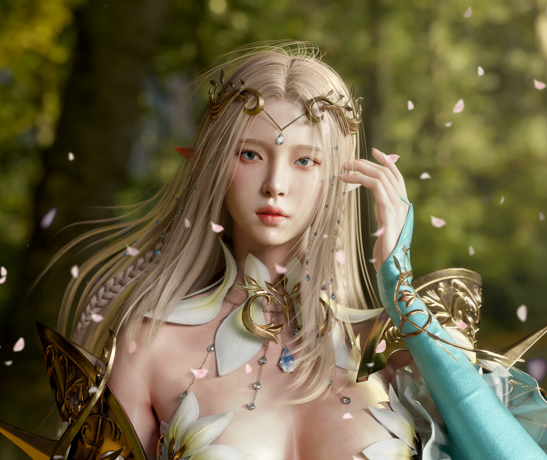General 1920x1616 Kim Subeen CGI women blonde magician dress cherry blossom digital art looking at viewer long hair parted lips juicy lips pointy ears braids petals one arm up hair ornament wind bare shoulders boobs blue eyes