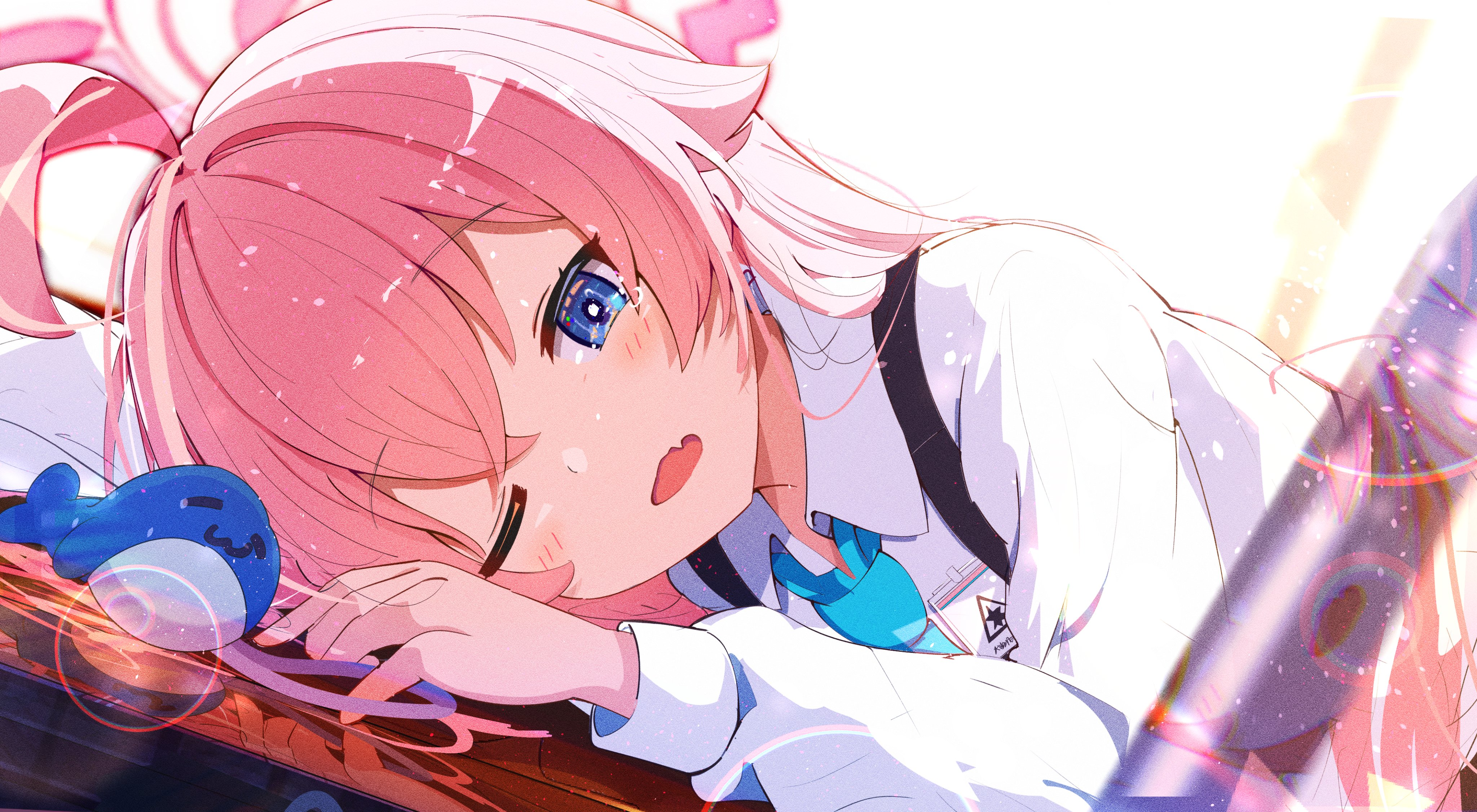 Anime 4096x2253 Takanashi Hoshino (Blue Archive) pink hair Blue Archive schoolgirl fan art video game characters school uniform blushing one eye closed ahoge open mouth long hair lying down lying on side looking at viewer anime chamoraile closeup hair between eyes necktie anime girls
