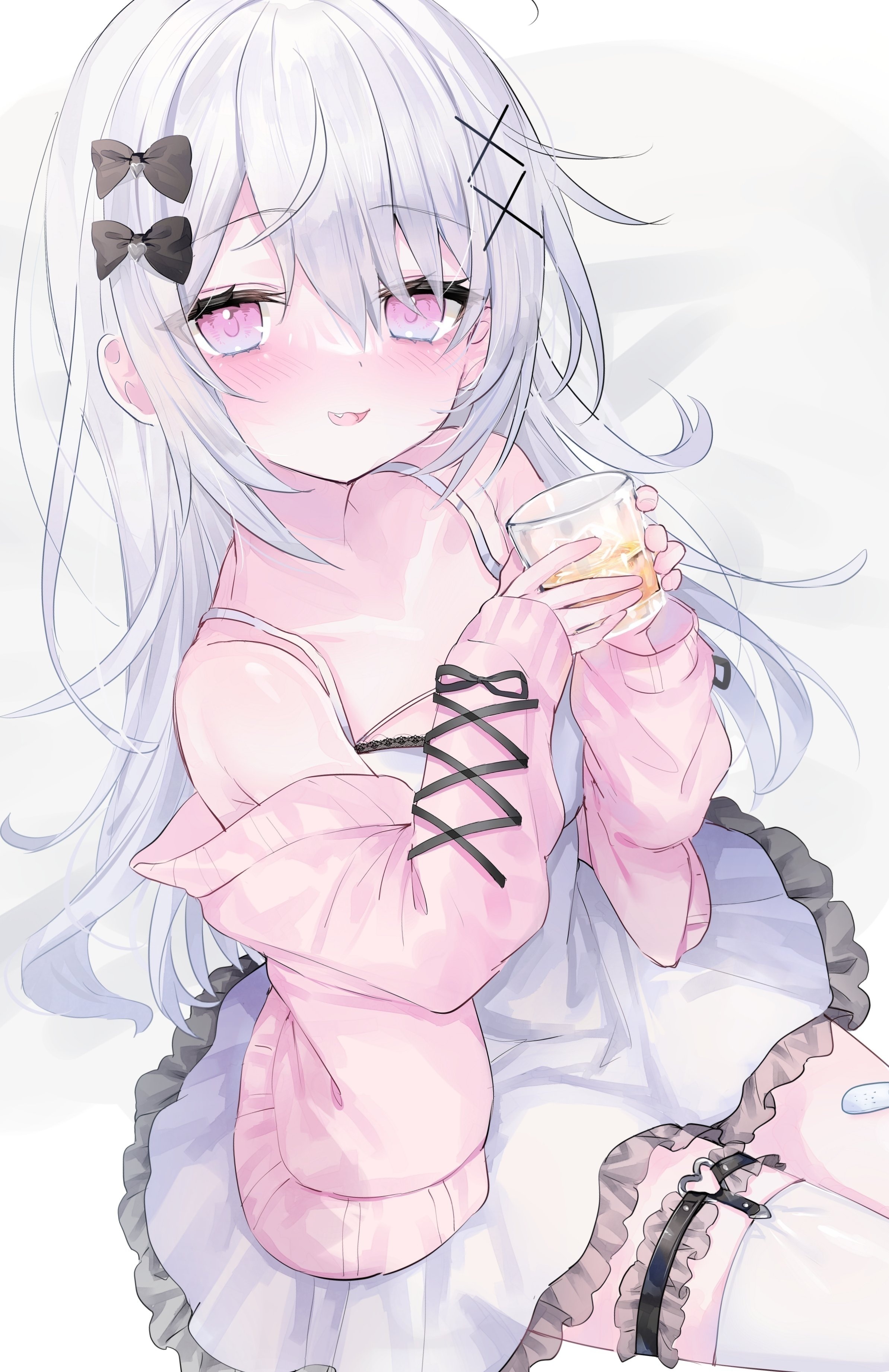 Anime 2387x3682 anime anime girls portrait display long hair indie virtual youtuber hagoromo mayo drink kabashima hana skirt gradient eyes gray hair hair ribbon sitting looking at viewer frills off shoulder bare shoulders band-aid open mouth drinking glass sweater
