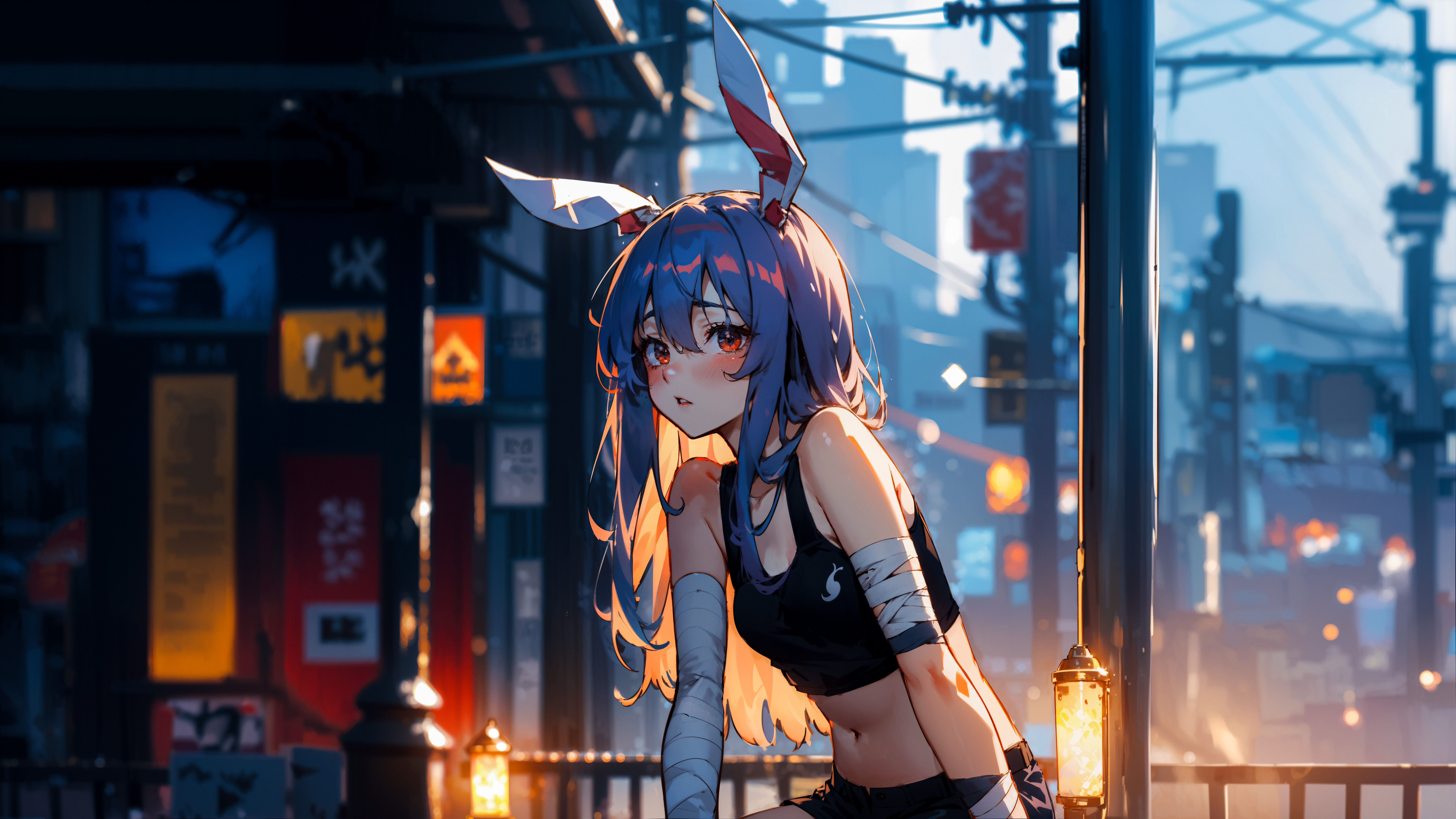 Anime 8192x4608 anime girls bunny ears Touhou purple hair belly button sitting outdoors evening solo bandaged arm blurry background Iodoff AI art digital art blurred blushing women outdoors long hair city lights city bunny girl bandages