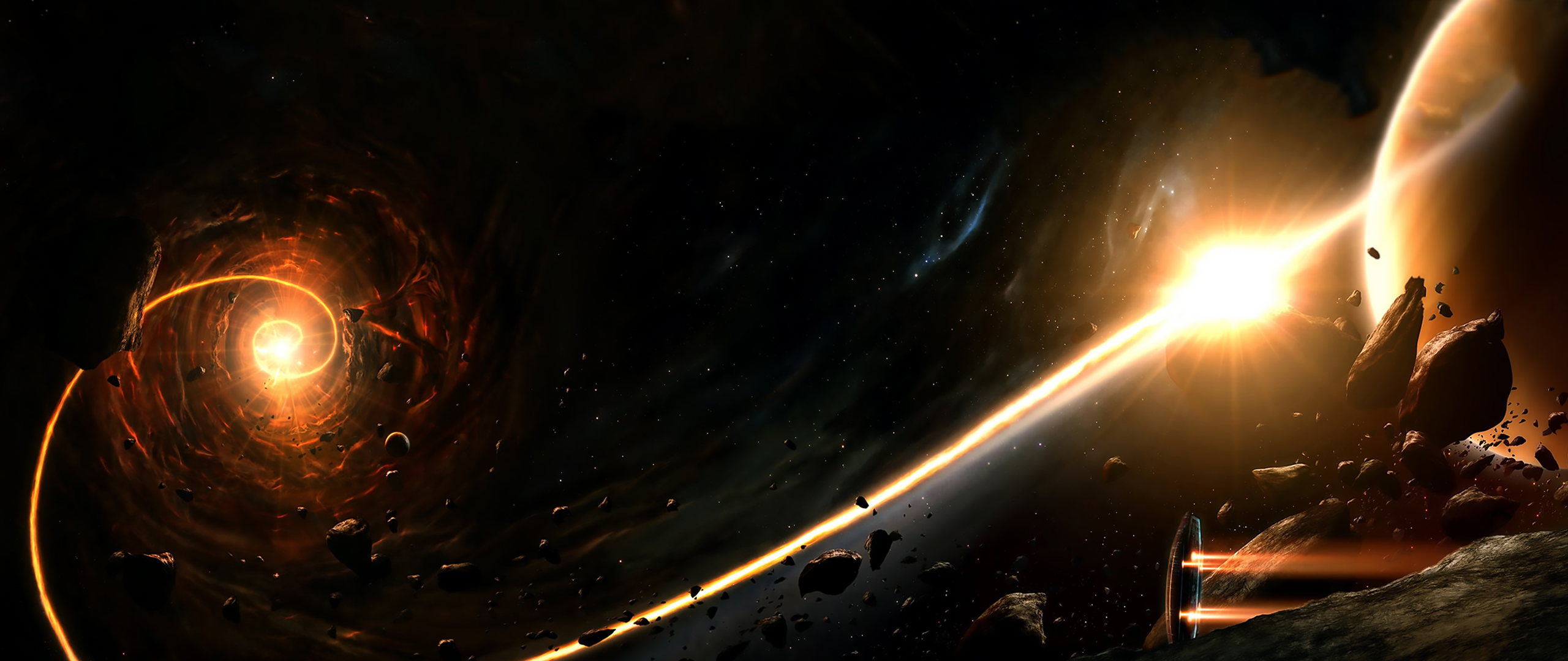 General 2560x1080 ultrawide space digital art asteroid lights planet spaceship