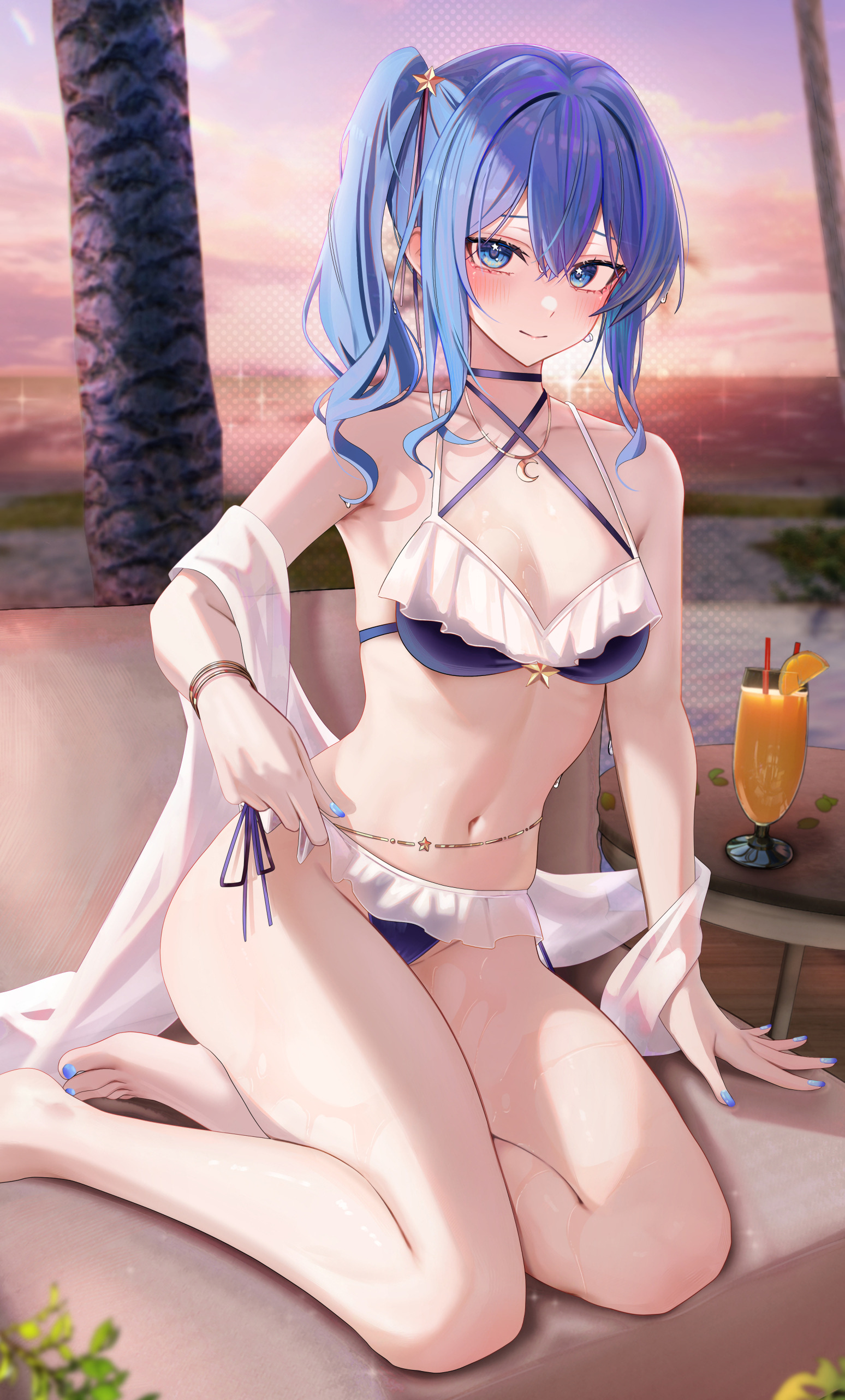 Anime 1548x2564 Ru Zhai bikini lace lifting clothes anime girls blue hair Virtual Youtuber Hololive looking at viewer closed mouth bent legs outdoors women outdoors hair between eyes anime beach women on beach drinking straw drink collarbone bikini painted nails blue nails painted toenails skinny Side ponytail ponytail sunset sunset glow blue eyes blushing