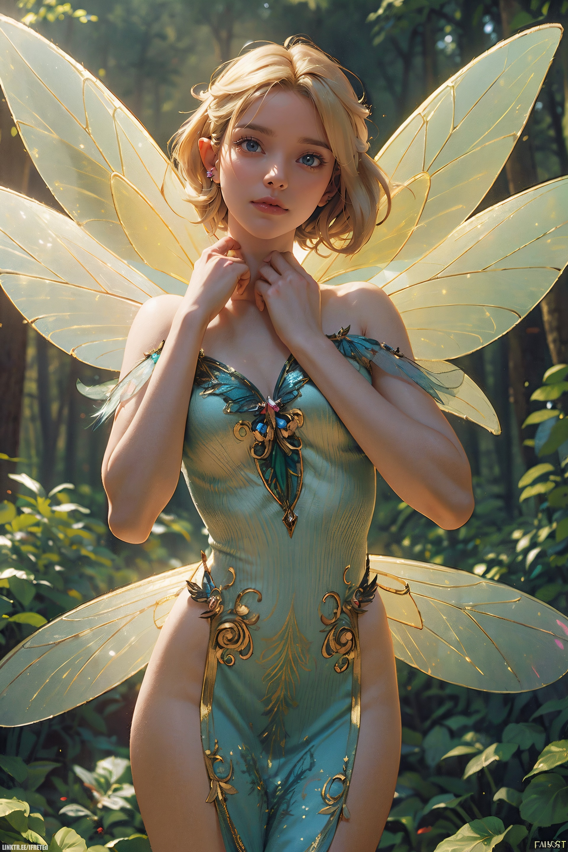 General 1920x2880 Stable Diffusion AI art fairies butterfly nature blonde portrait display skinny slim body backlighting leaves bare shoulders trees closed mouth short hair butterfly wings hips looking at viewer blurred blurry background