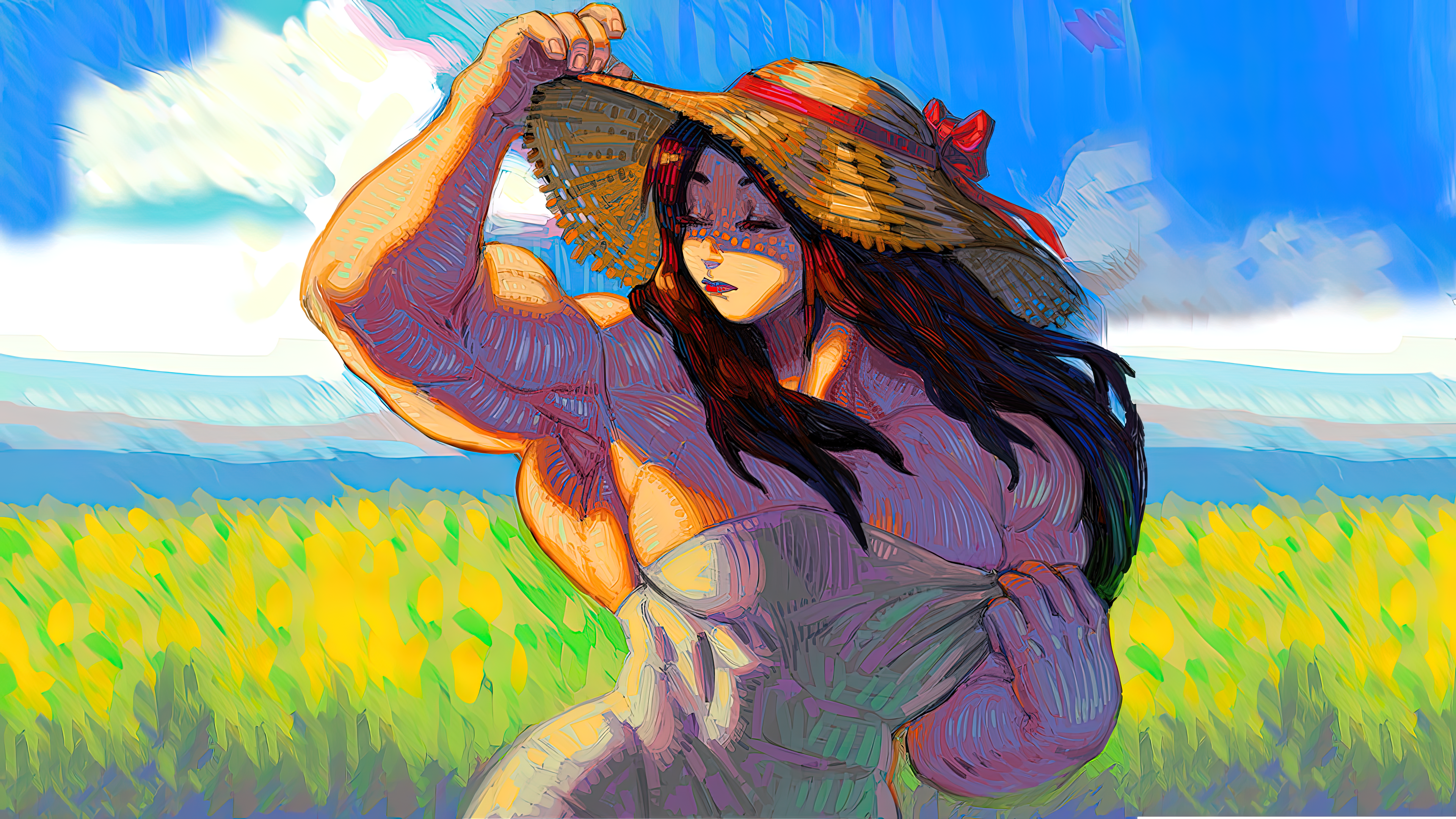 General 3840x2160 drawing muscles muscular biceps toned female artwork digital art straw hat closed eyes