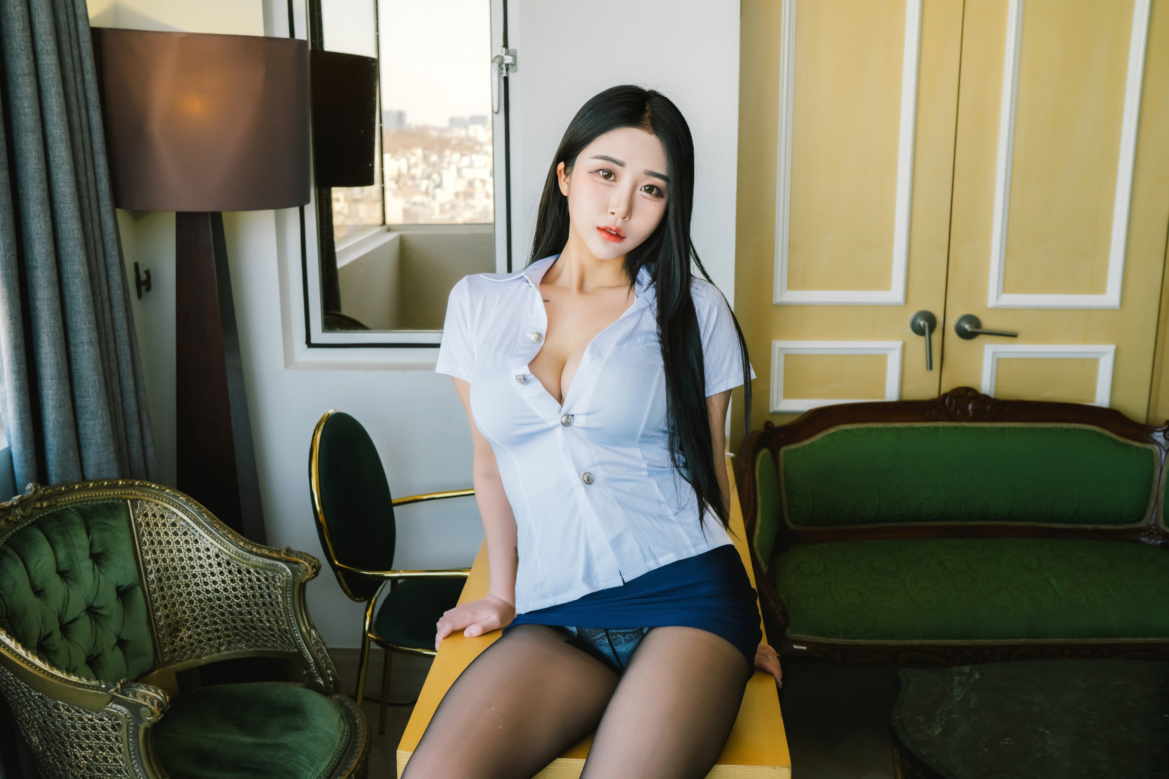 People 3840x2560 Jeong Bomi women model Asian Moon Night Snap Korean women women indoors brunette shirt miniskirt pantyhose cleavage
