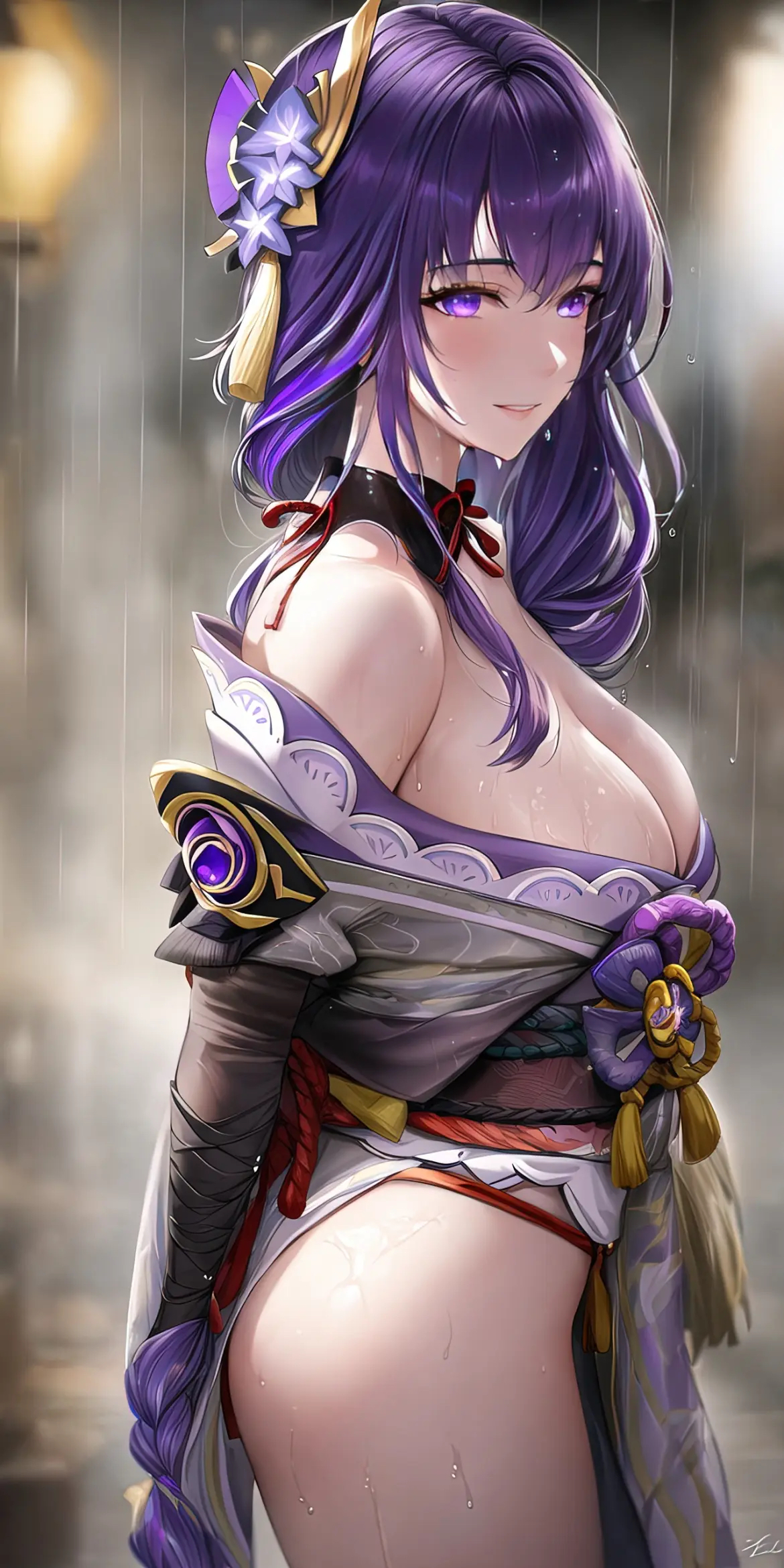 Anime 1170x2340 Raiden Makoto Genshin Impact Raiden Shogun (Genshin Impact) rain purple hair purple eyes dress Japanese clothes wet big boobs wet body long hair hair ornament no bra bare shoulders cleavage dripping arm(s) behind back ass looking at viewer smiling anime girls thighs