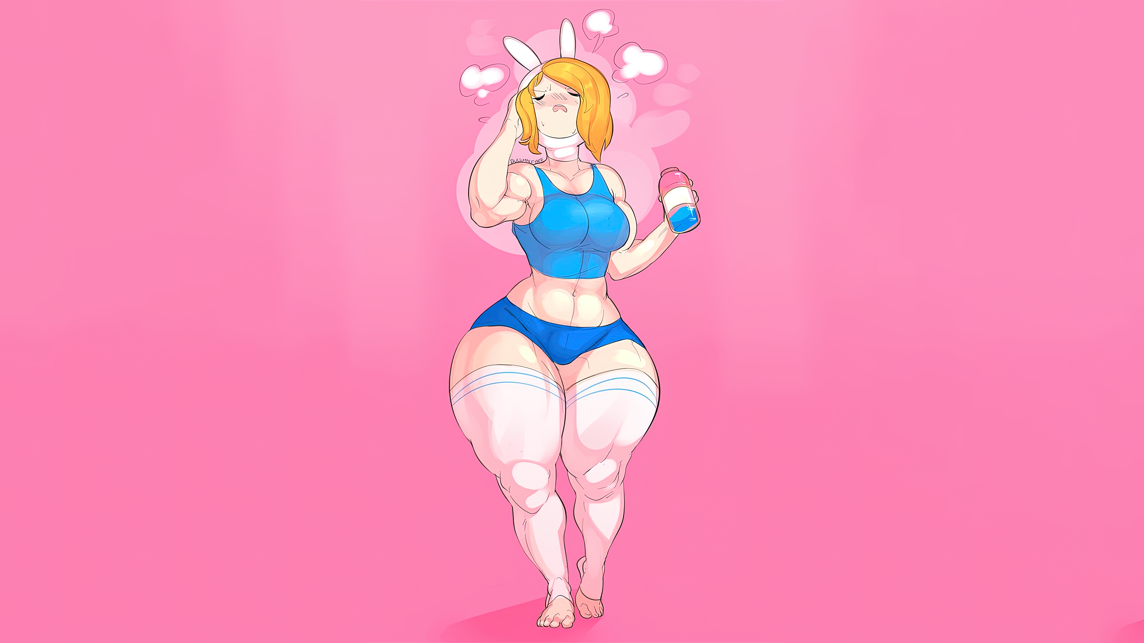 General 3840x2160 strong woman artwork toned female Adventure Time simple background minimalism Finn the Human genderswap cartoon blonde thick body