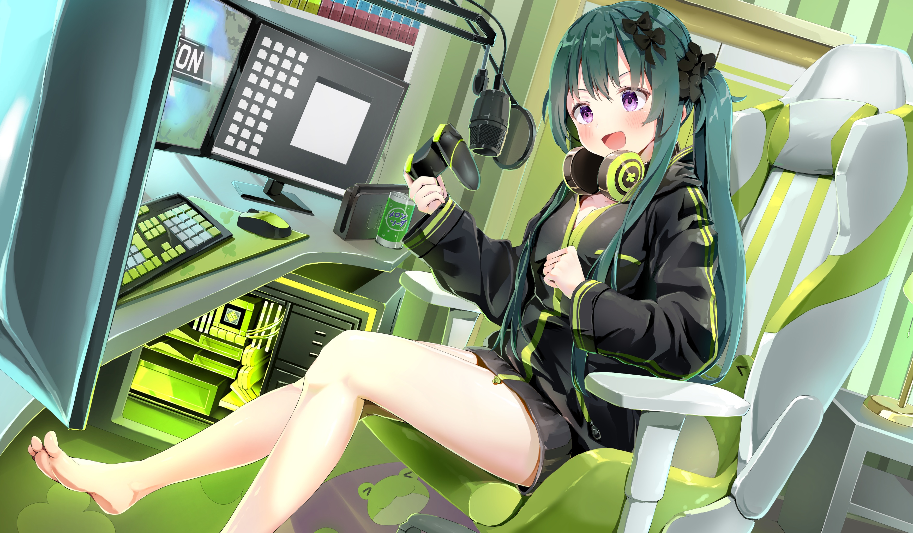 Anime 3500x2042 anime anime girls headphones controllers twintails green hair chair computer purple eyes