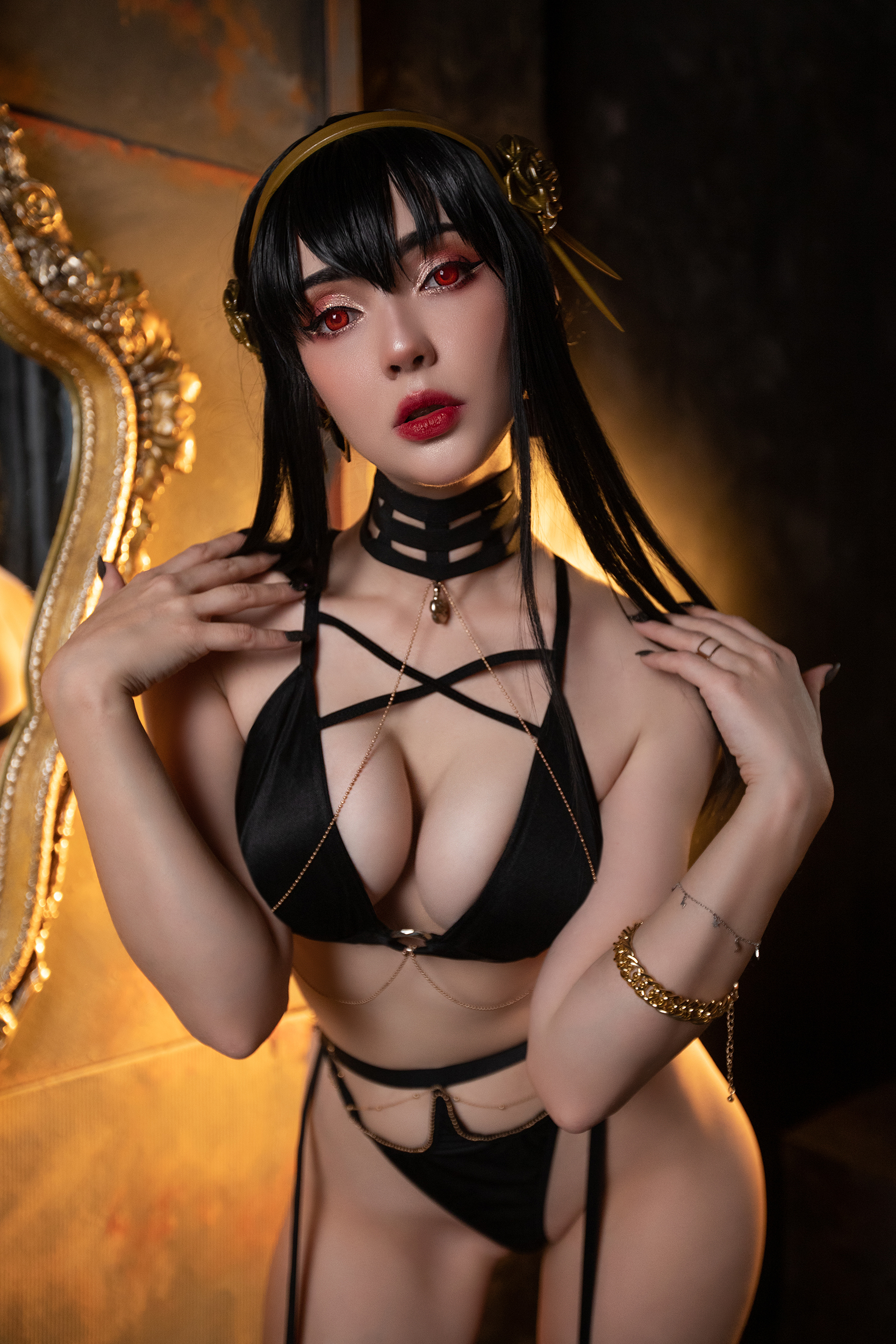 People 1667x2500 women model cosplay indoors women indoors long hair black hair Yor Forger anime anime girls Spy x Family looking at viewer lingerie Sai Westwood black clothing cleavage
