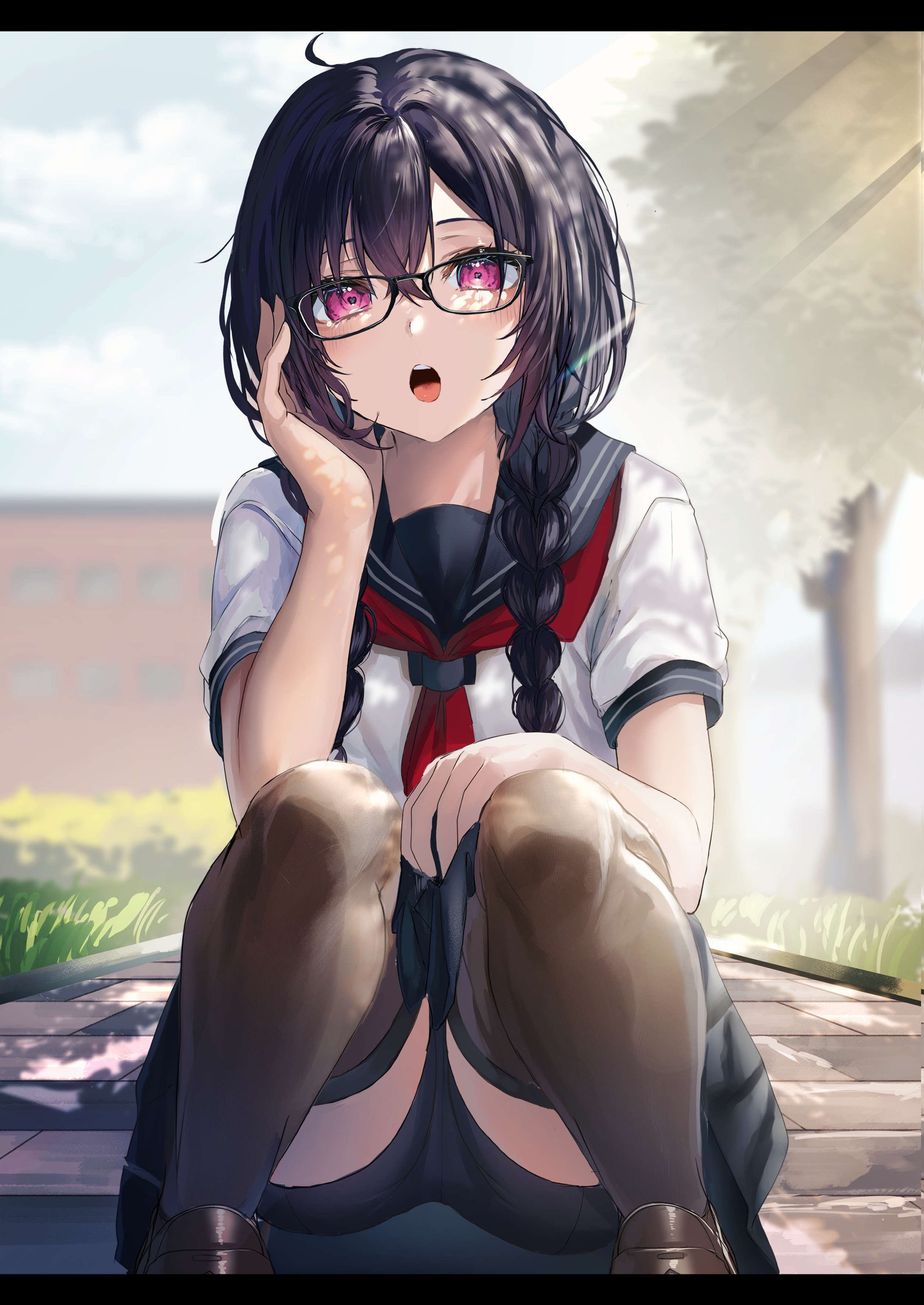 Anime 2508x3541 anime girls anime schoolgirl school uniform stockings red eyes black hair braids squatting glasses