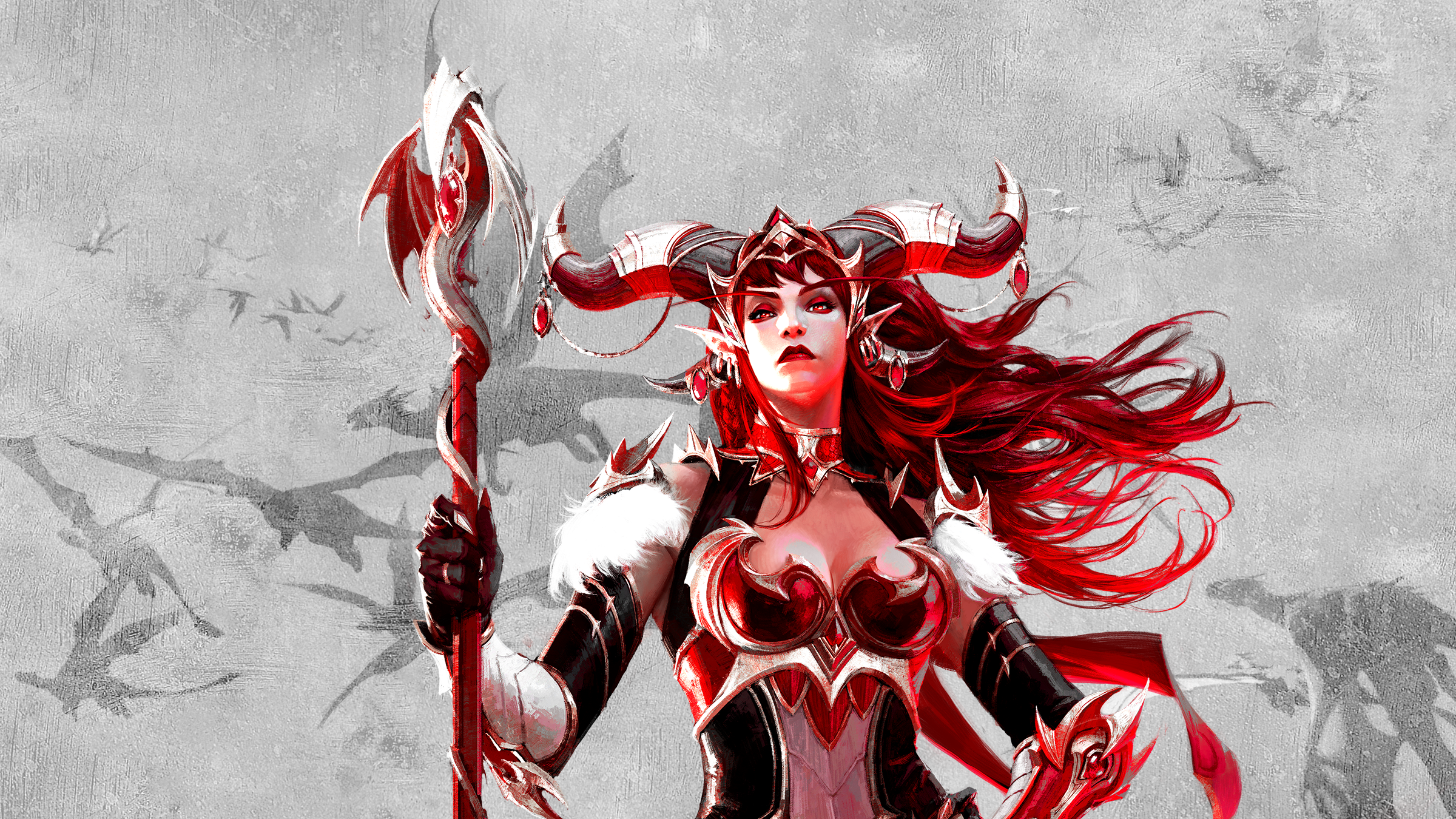 Anime 2400x1350 Alexstrasza World of Warcraft fantasy art redhead red eyes pointy ears horns dragon