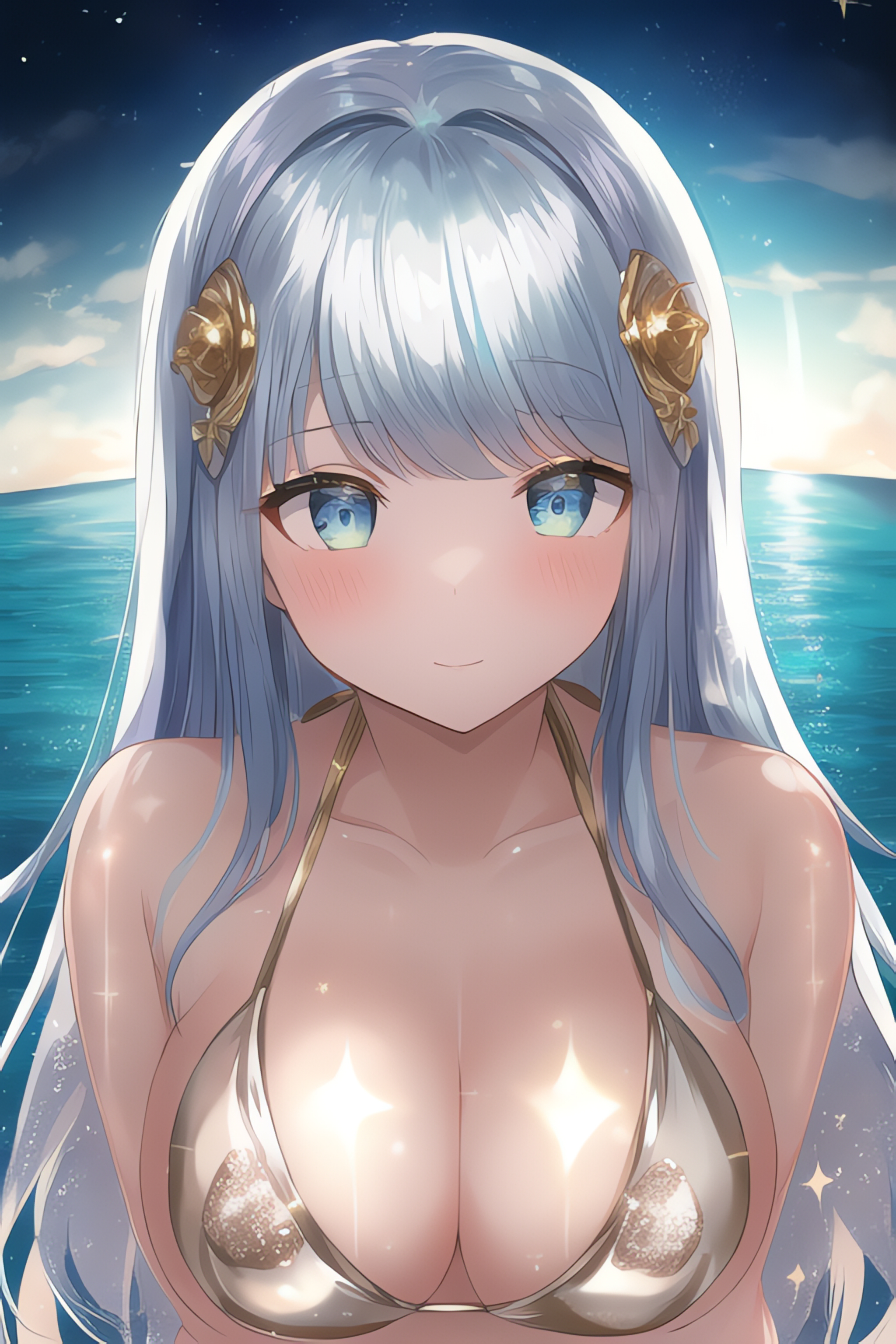 Anime 2048x3072 anime girls boobs novel ai water cleavage bikini blue hair frontal view blue eyes gold bikini looking at viewer smiling blushing long hair