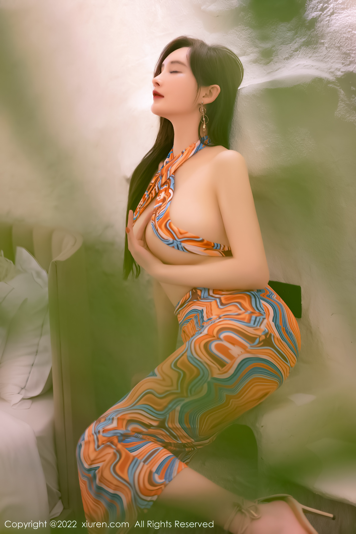 People 1200x1800 Asian women Xiuren Chinese model women indoors undressing boobs big boobs dress tight clothing partially clothed strategic covering high heels brunette long hair no bra Tu Fei Yuan Ai Cuo Qiong closed eyes hands on boobs sideboob underboob covered nipples
