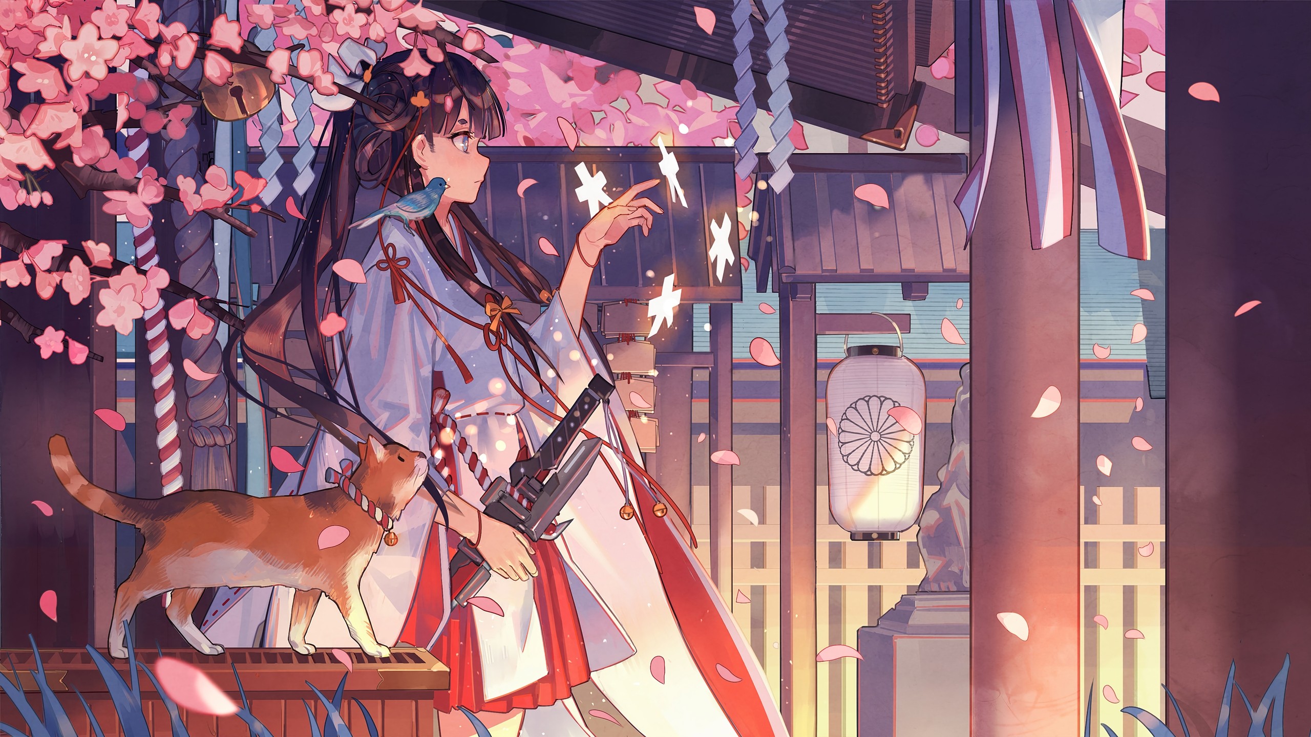 Anime 2560x1440 anime anime girls cats birds petals animals flowers profile side view Japanese clothes miko