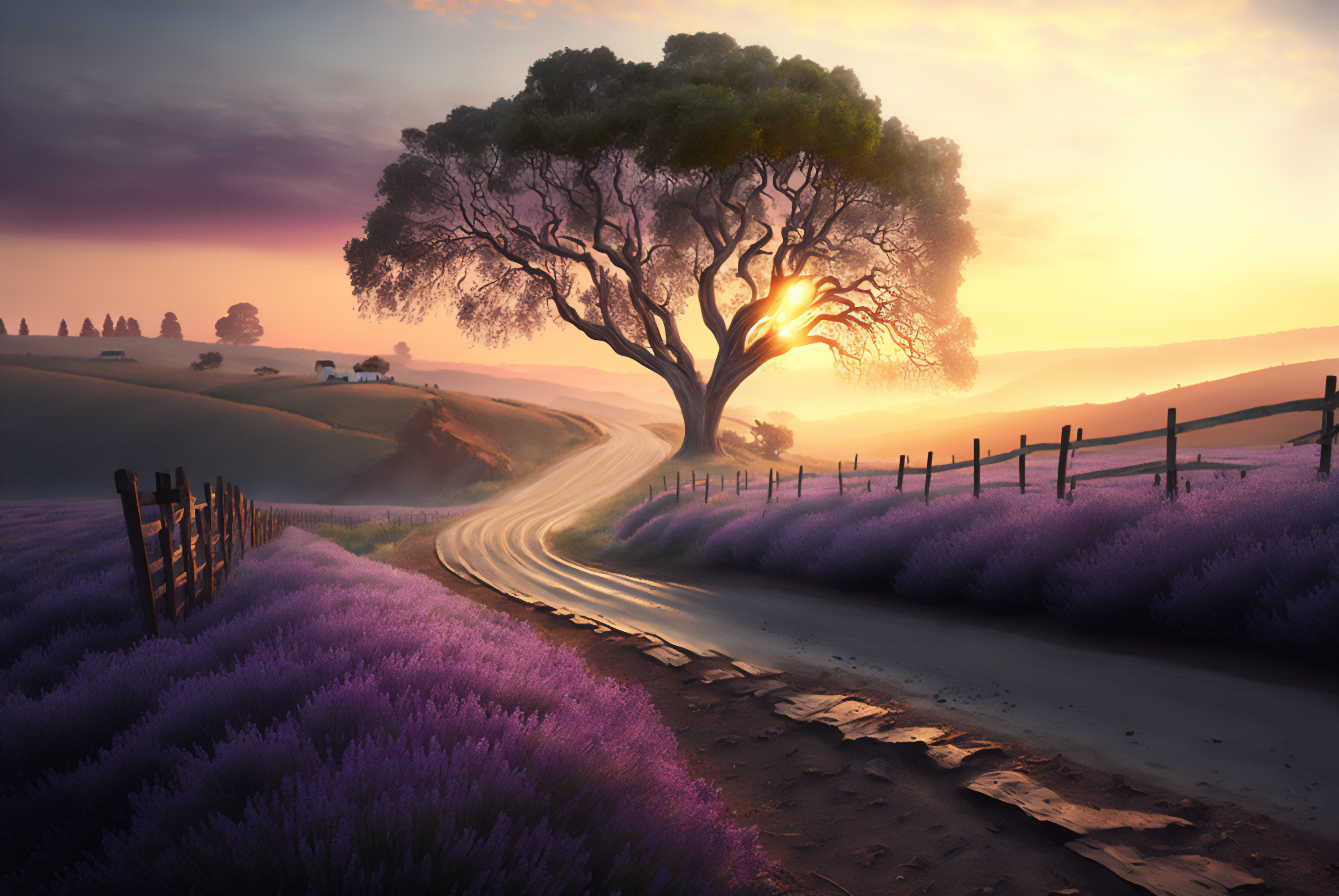 General 3060x2048 AI art illustration trees lavender field road sunrise fence