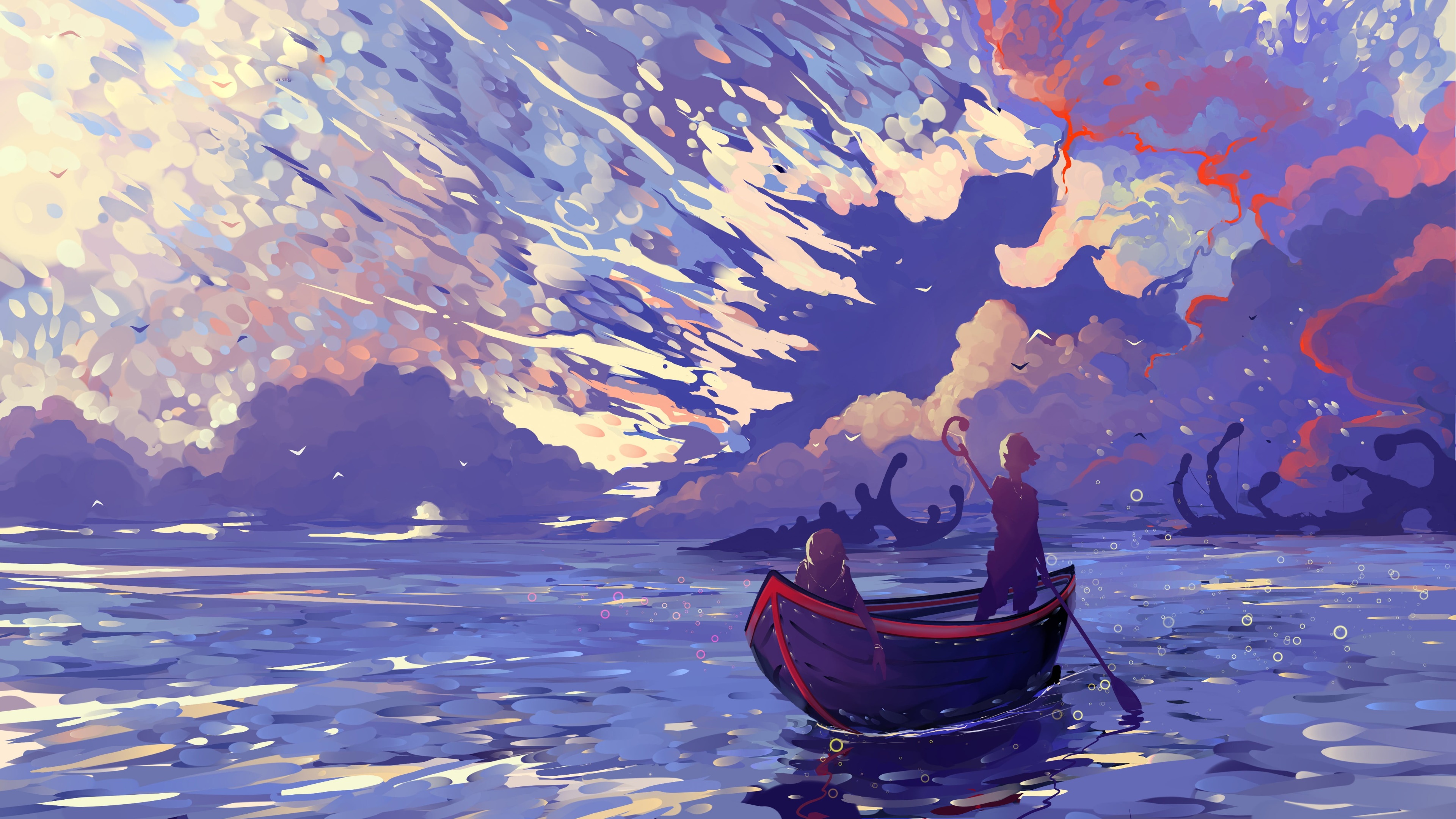 Anime 3840x2160 fantasy art boat water clouds sky