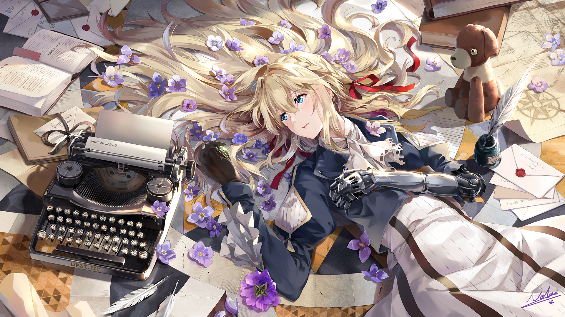 Anime 1920x1080 Violet Evergarden (character) women flowers lying on back dress long hair blonde typewriters teddy bears plush toy looking away mail books ribbon blue eyes feathers anime anime girls Violet Evergarden