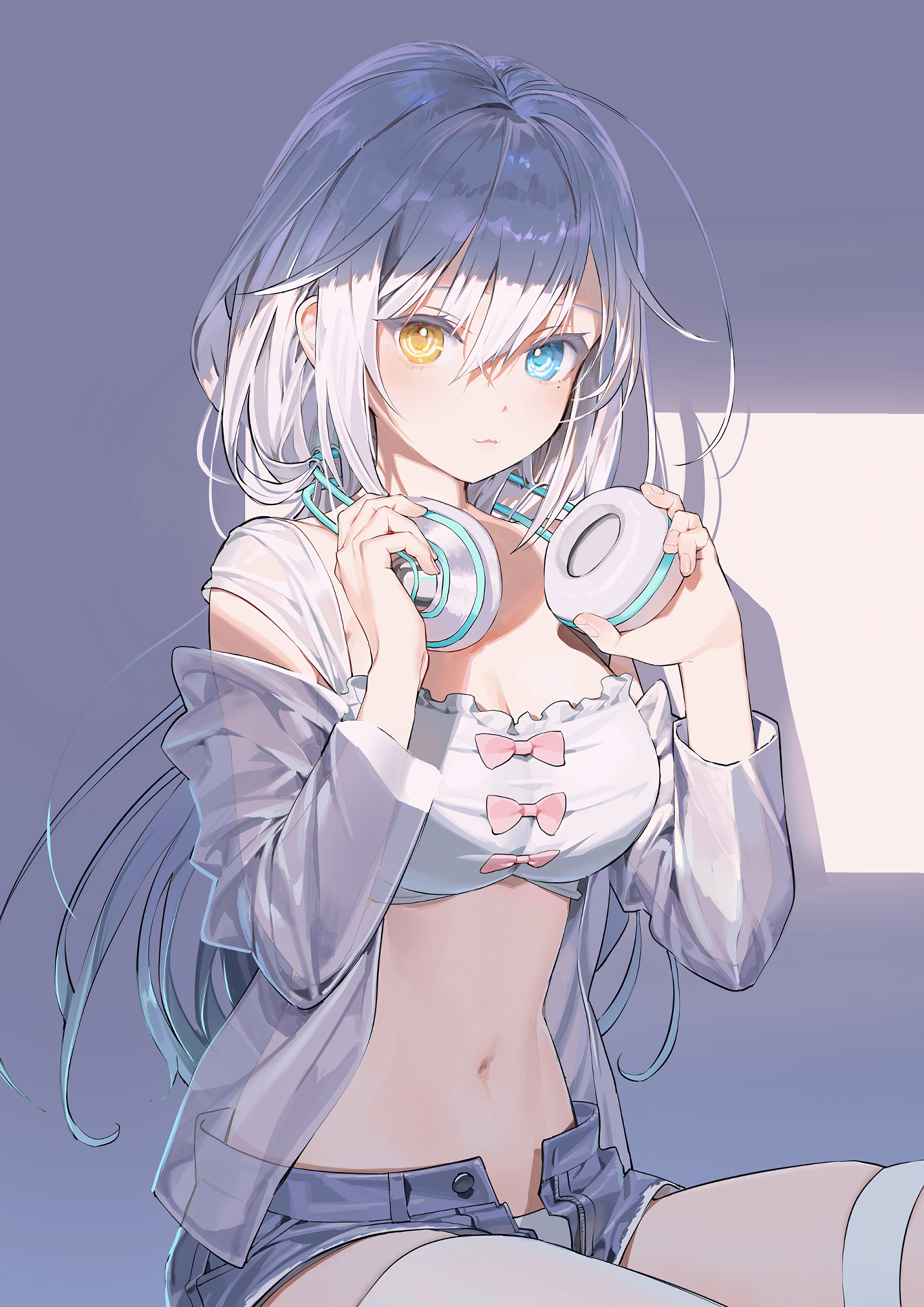 Anime 1884x2664 anime anime girls digital art artwork 2D ecchi Pixiv petite bare midriff belly belly button looking at viewer heterochromia headphones portrait portrait display vertical shorts short shorts thigh-highs multi-colored hair
