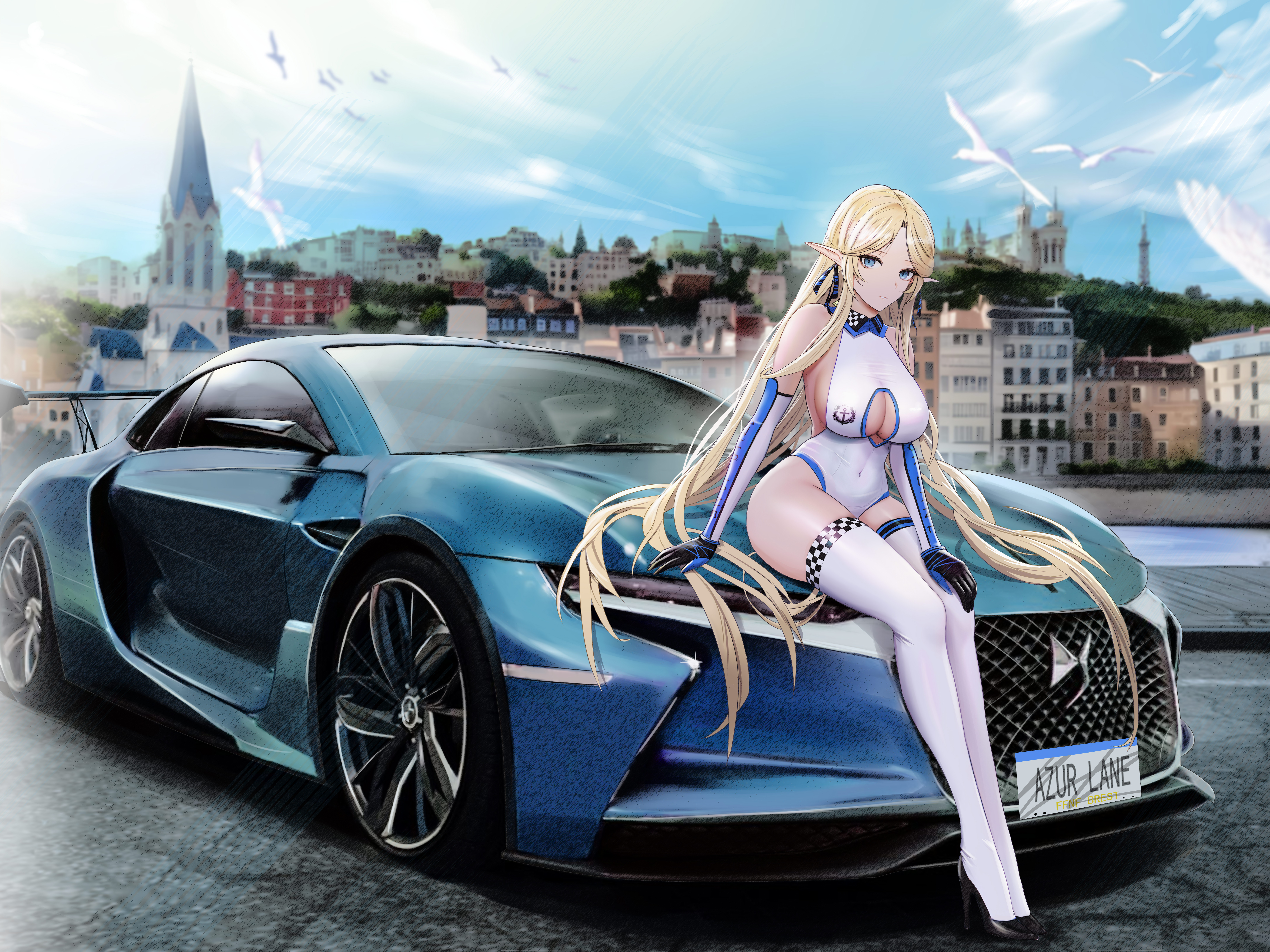 Anime 8000x6000 anime anime girls car stockings heels blonde pointy ears cleavage cleavage cutout big boobs blue eyes gloves Brest (Azur Lane)