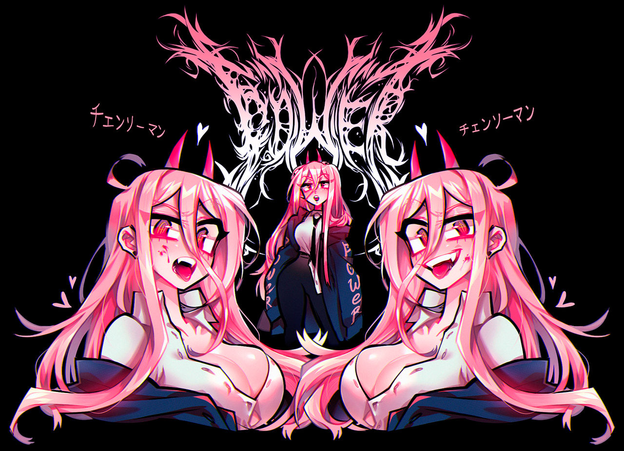 Anime 1280x925 Chainsaw Man Power (Chainsaw Man) pink hair kanji heart (design) big boobs tongue out horns looking at viewer cleavage blood covered body earring anime anime girls Japanese